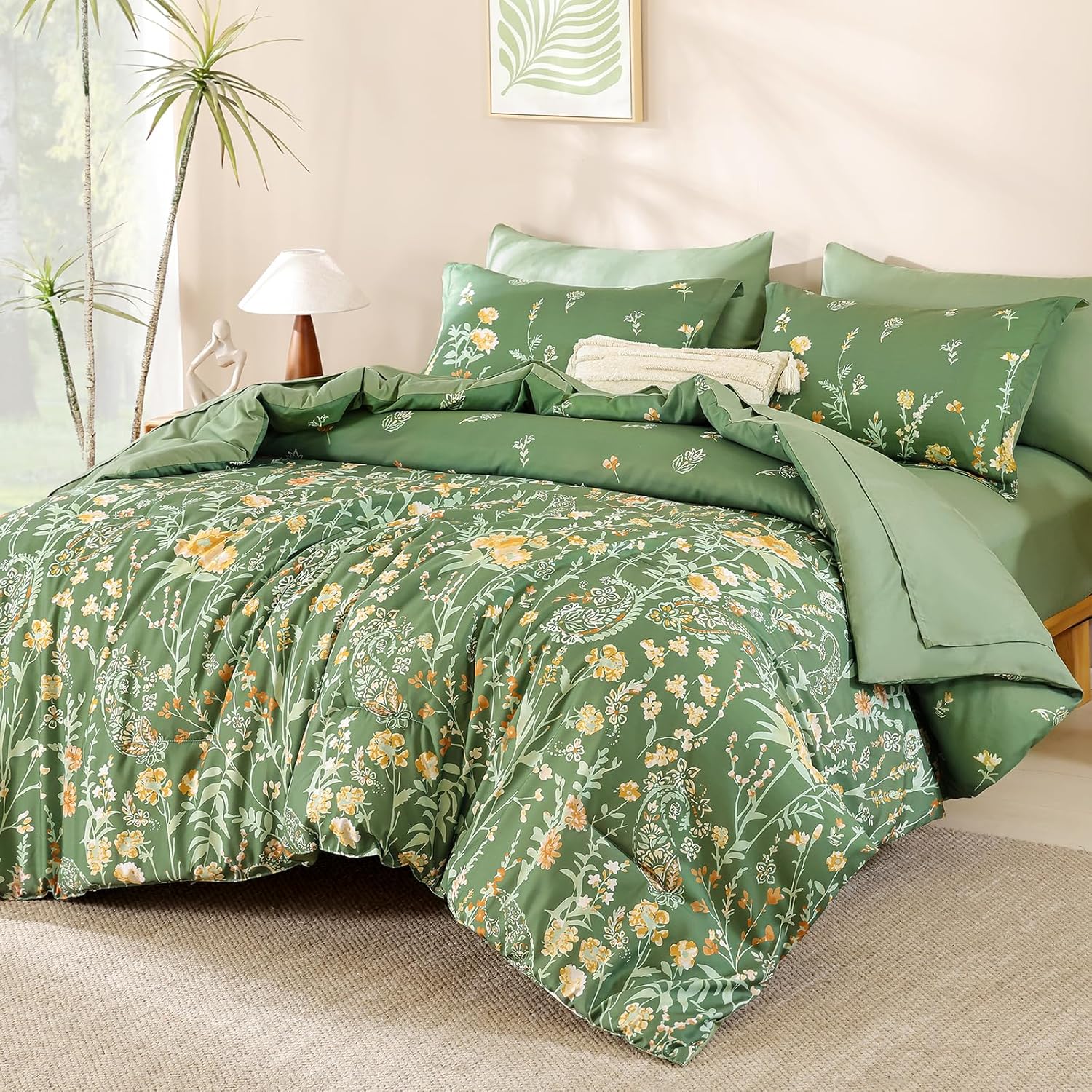 Yiran Purple Watercolour Floral Comforter Set Queen Size, 7 Piece Cute Botanical Lavender Comforter Bedding Set, Bed in a Bag Queen, Soft Microfiber Complete Bedding Set with Sheets for All Season