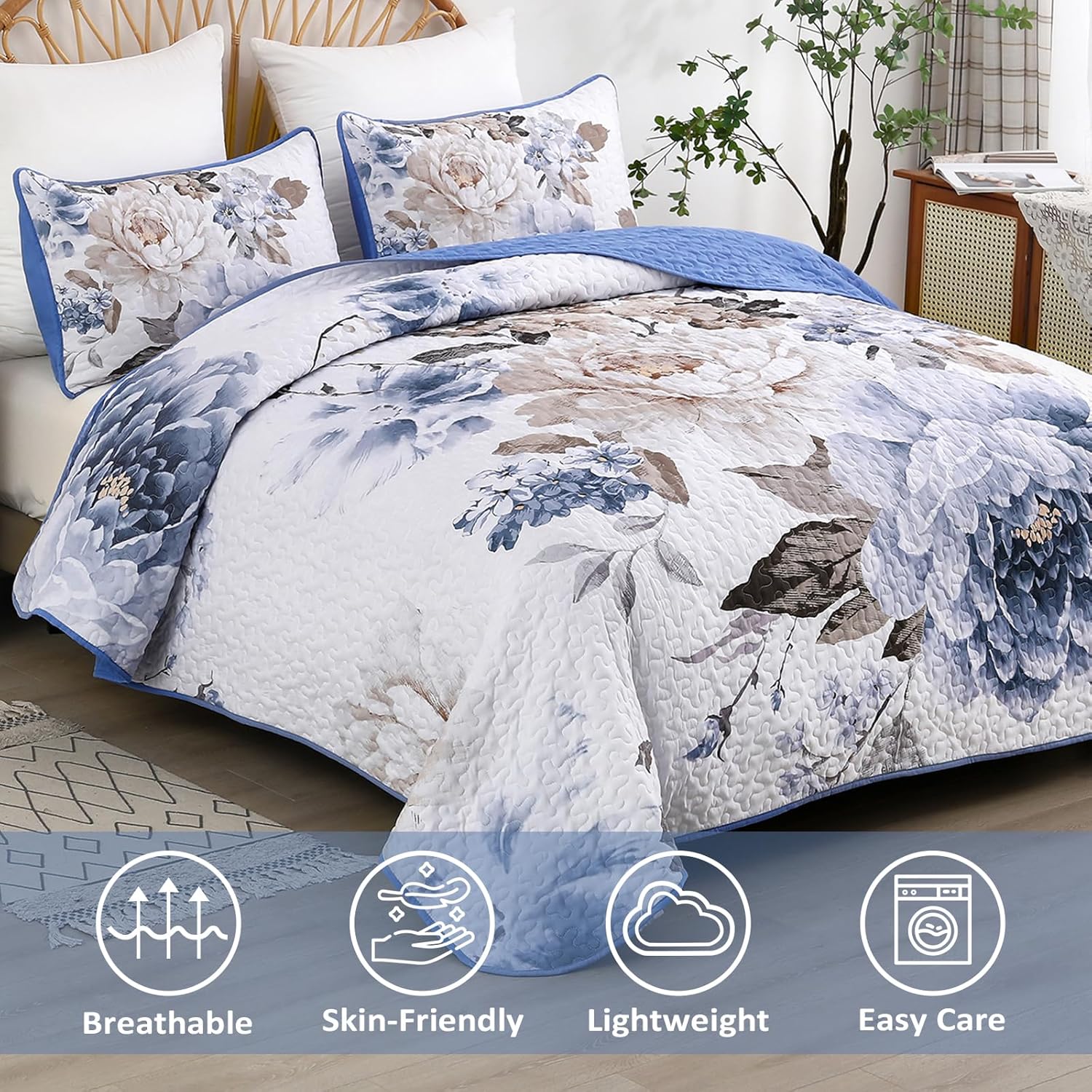 WONGS BEDDING Floral Quilt Set Blue Queen Size 3 Pieces Elegant Botanical Print Bedding Set for All Season, Lightweight Reversible Bedspreads Coverlet Set with 2 Pillow Shams