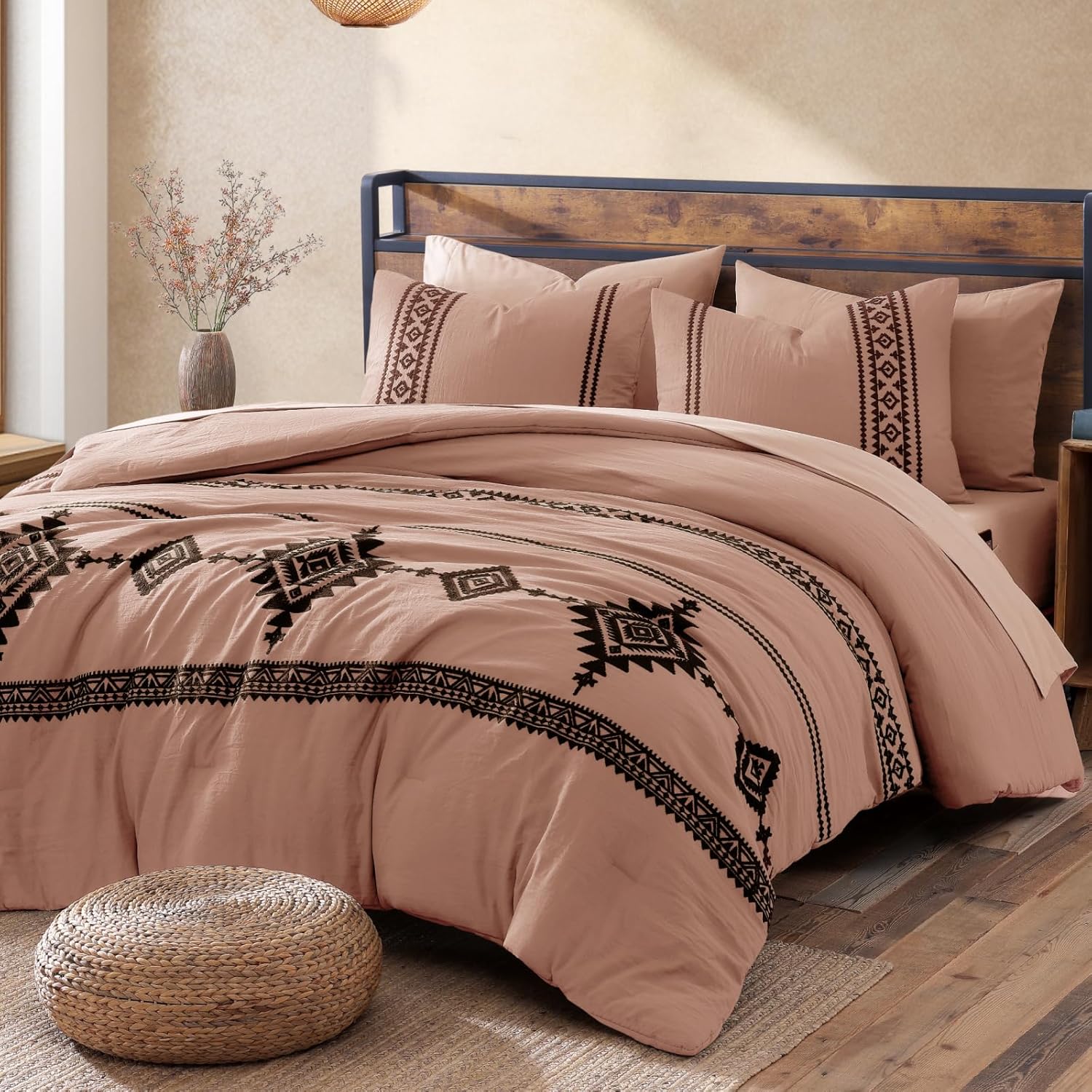 MaiRêve Burnt Orange Embroidery Comforters Set Queen Size - 7 Pieces, Farmhouse Western Bedding All Season, Bed in A Bag Queen Boho Comforter Set with Sheets, Pillowcases & Shams
