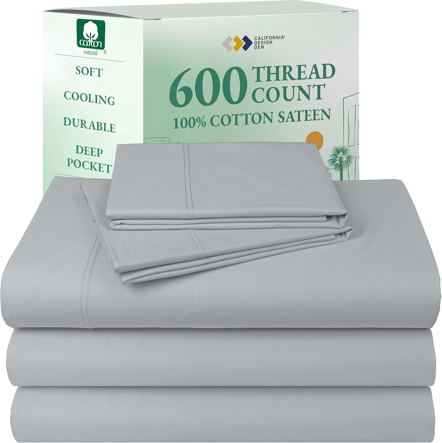 California Design Den Queen Sheet Set - Luxury 600 Thread Count Sateen, 100% Cotton Deep Pocket Queen Sheets with All Around Elastic, Snug Fit, Hotel Quality Bedding Set - White