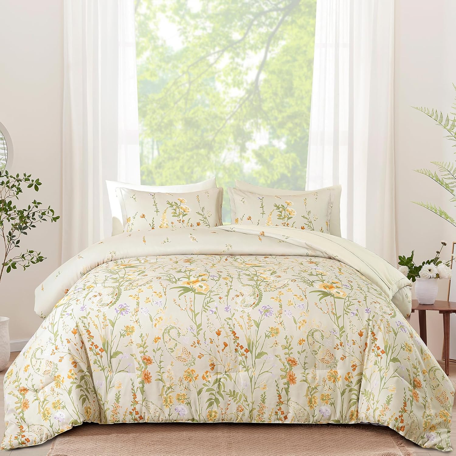 Yiran Purple Watercolour Floral Comforter Set Queen Size, 7 Piece Cute Botanical Lavender Comforter Bedding Set, Bed in a Bag Queen, Soft Microfiber Complete Bedding Set with Sheets for All Season