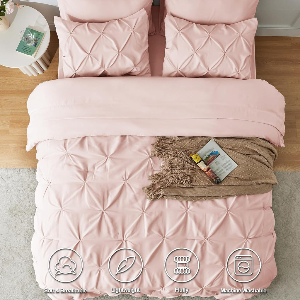 CozyLux Full Size Comforter Sets Blush Pink, 7 Pieces Pintuck Bed in A Bag Pink Comforter Full Size, Pinch Pleat Bedding Sets with All Season Comforter, Sheets, Pillowcases & Shams