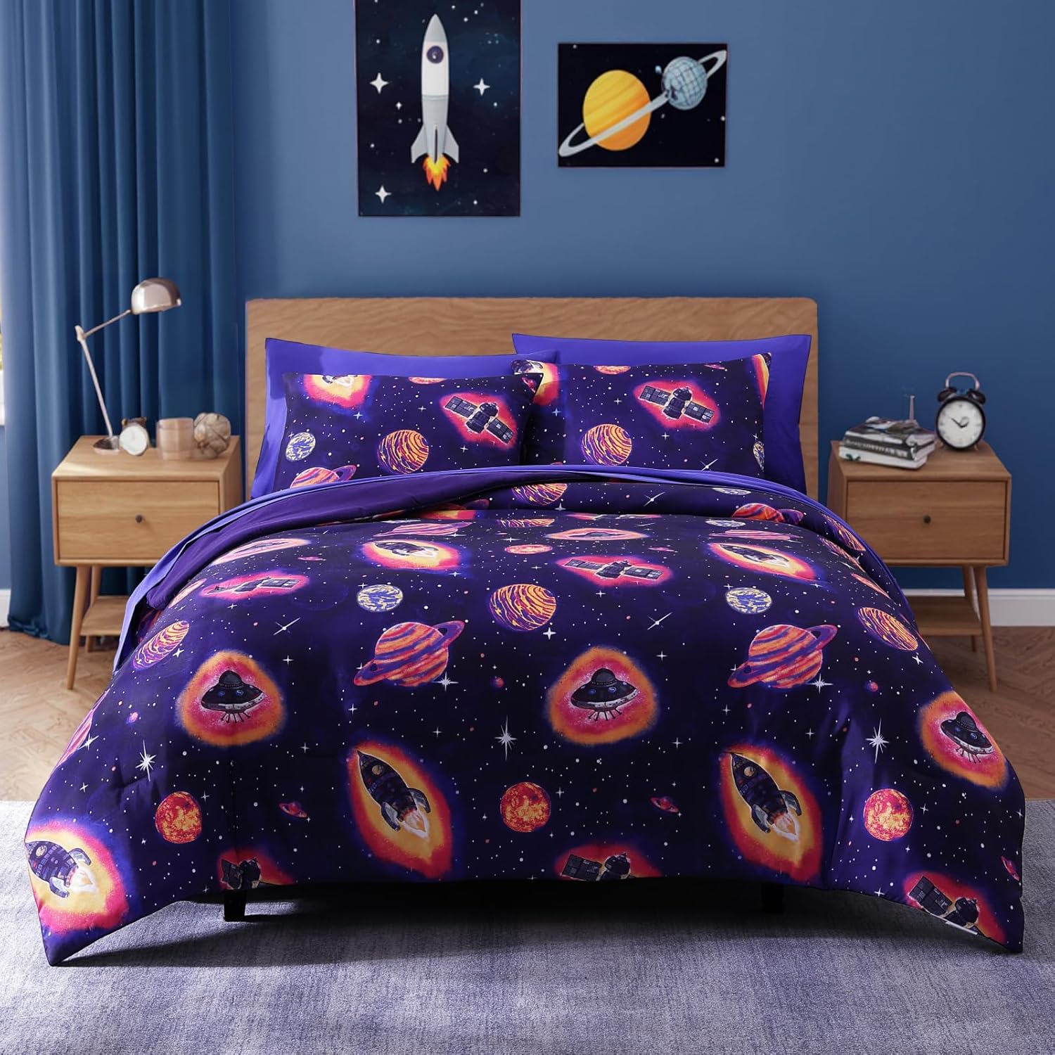 Twin Kids Comforter Set - 5 Pieces Twin Bedding Sets for Boys, Glow in The Dark Space Bed in A Bag with Sheets
