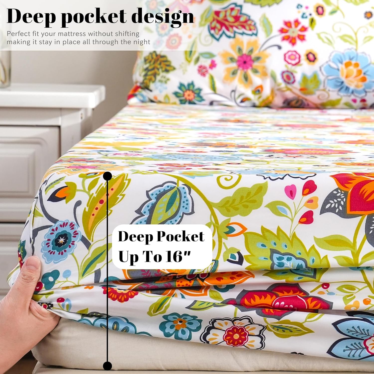 Bedlifes Queen Sheet Set Ultra Soft Breathable Silky Flower Bed Sheets Deep Pocket 100% Microfiber Bedding Sheets 4 Piece Queen Size Floral Spring