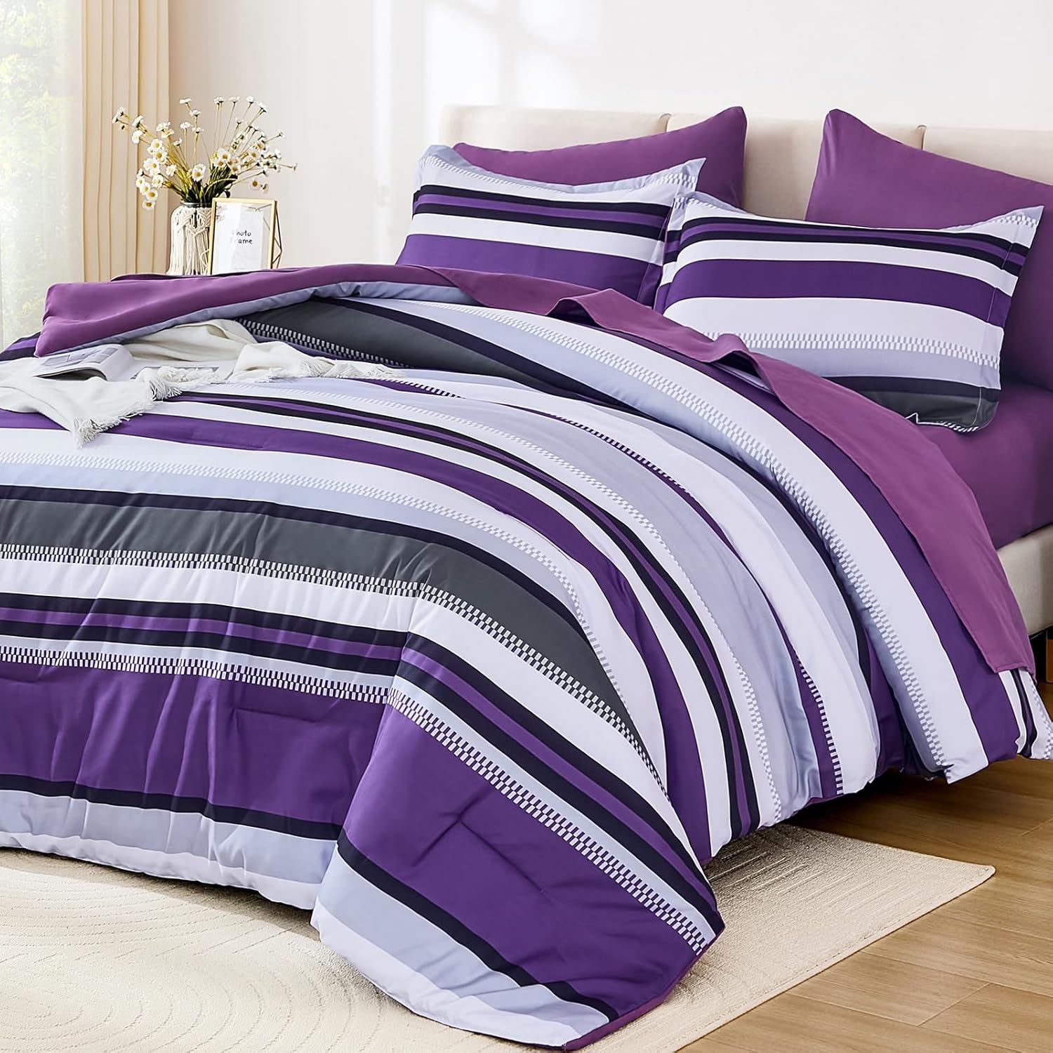 WONGS BEDDING Queen Comforter Set, 7 Pieces Blue Comforter Set Queen, Soft Striped Bed in a Bag Bedding Set with Comforter, Flat Sheet, Fitted Sheet, Pillow Shams, Pillowcase