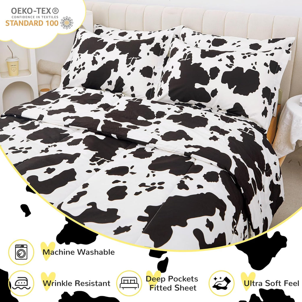 Viviland Kids Twin Bedding Sets for Girls, Boys Soft Twin Comforter Set with Sheets, 5 Pieces Microfiber Bed in a Bag, Cow Animal