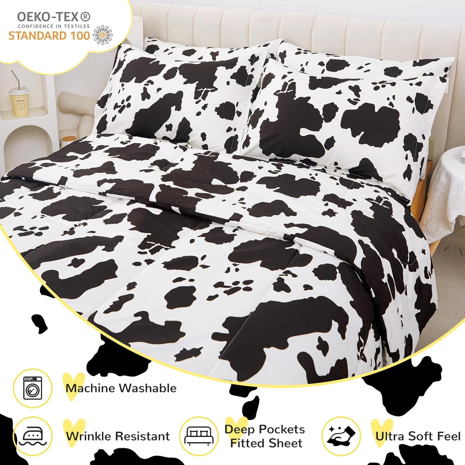 Viviland Kids Twin Bedding Sets for Girls, Boys Soft Twin Comforter Set with Sheets, 5 Pieces Microfiber Bed in a Bag, Cow Animal