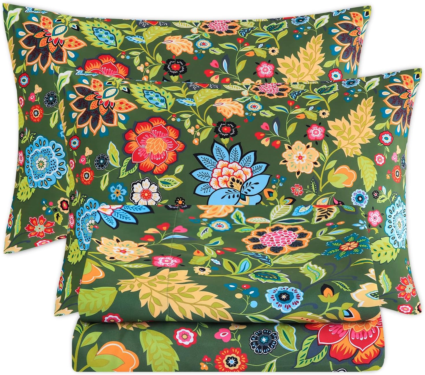 Bedlifes Queen Sheet Set Ultra Soft Breathable Silky Flower Bed Sheets Deep Pocket 100% Microfiber Bedding Sheets 4 Piece Queen Size Floral Spring