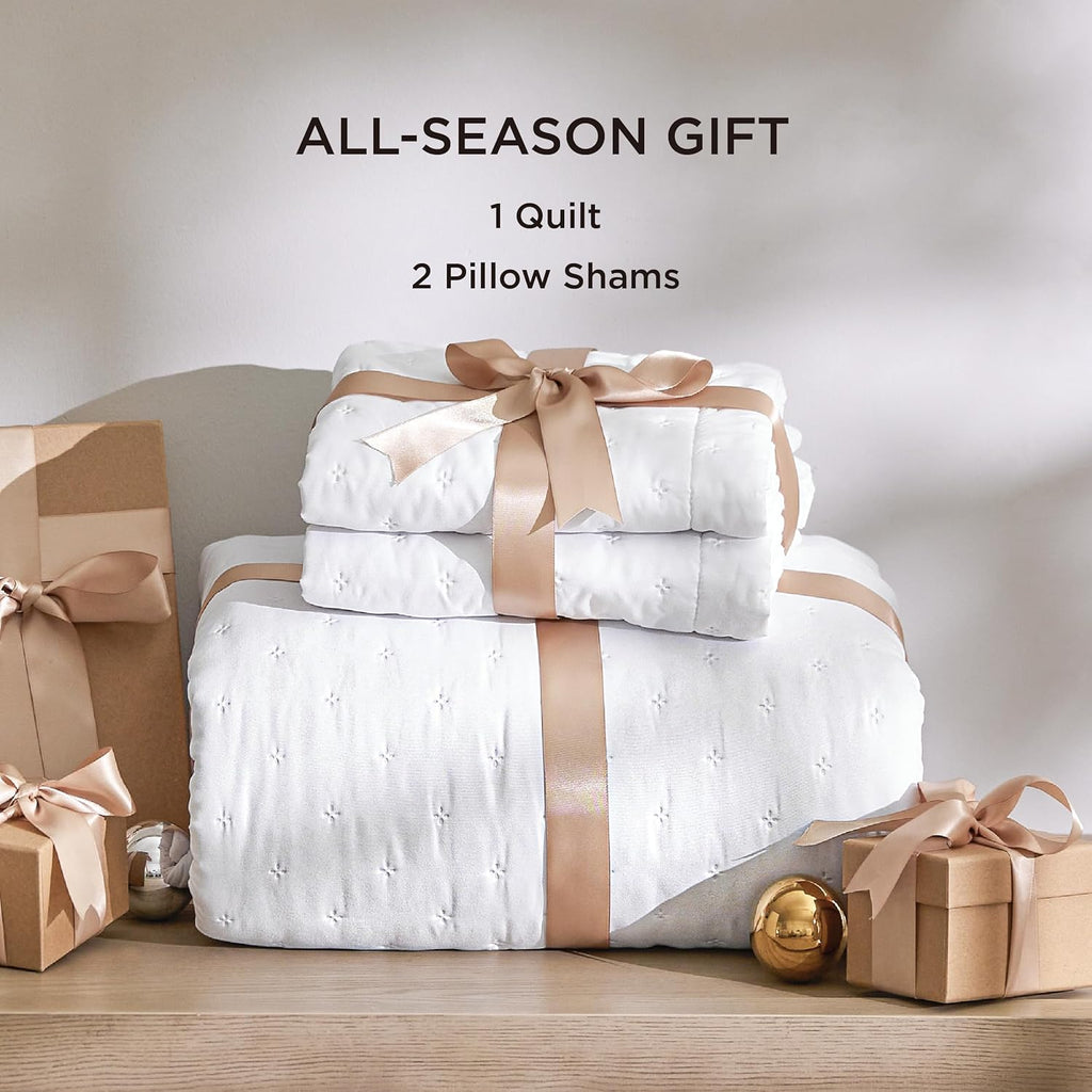 Bedsure Quilts Queen Size - Ultra Soft Quilt Bedding, White Bedspread Queen Size for Modern Bedroom, Lightweight All-Season Comforter, 90x96 Inch