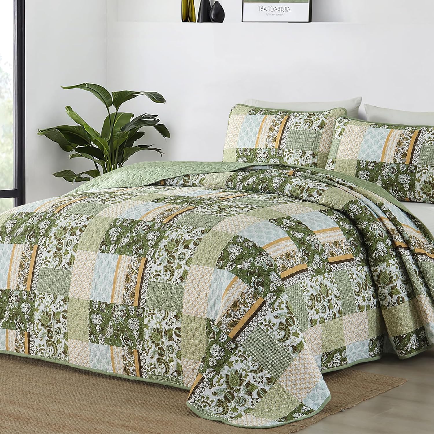 WONGS BEDDING Green Quilt Set King Size，Green Patchwork Plaid Printed Bedspread Coverlet Set，3 Pieces Summer Soft Microfiber Boho Bedding Set with 1 Quilt 2 Pillowcases