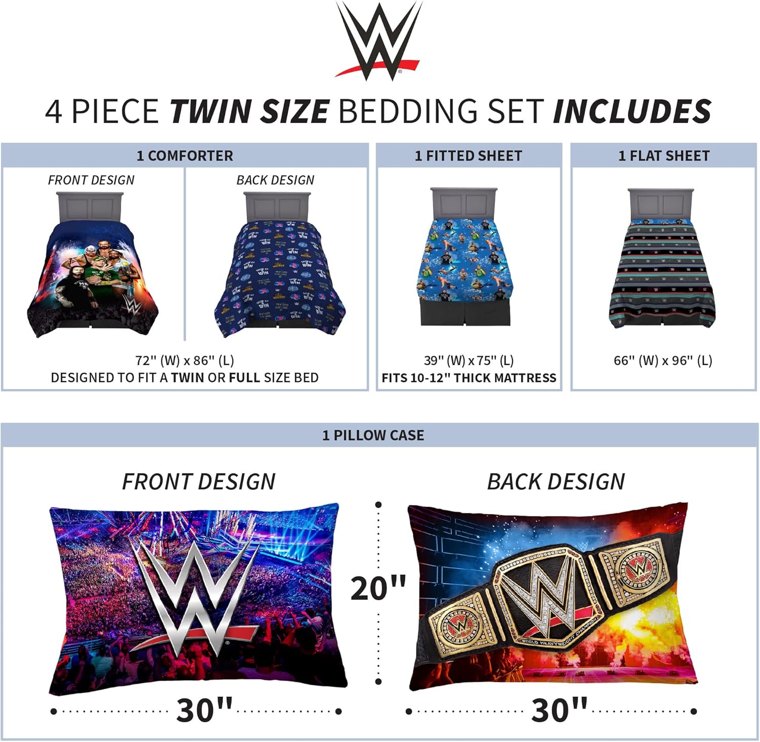 WWE Wrestlemania Kids Bedding Set, Super Soft Microfiber Comforter & Sheet Set, 4-Piece Twin, (Officially Licensed Product) by Franco