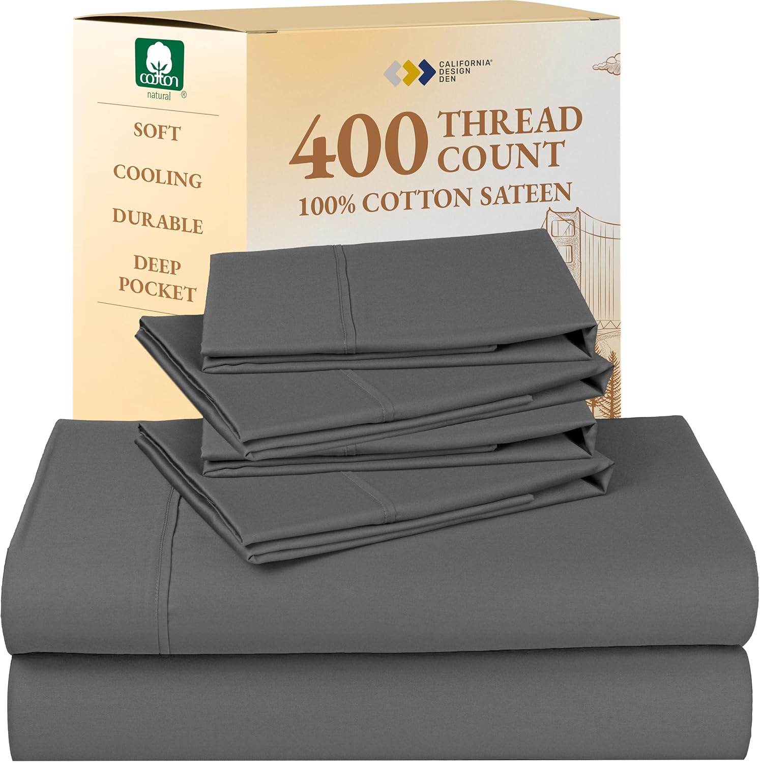 California Design Den King Size Sheets Set - Soft 400 Thread Count Sateen, Natural 100% Cotton Sheets King Size, Deep Pockets with All Around Elastic for a Snug Fit, Cool & Durable Bedding - White