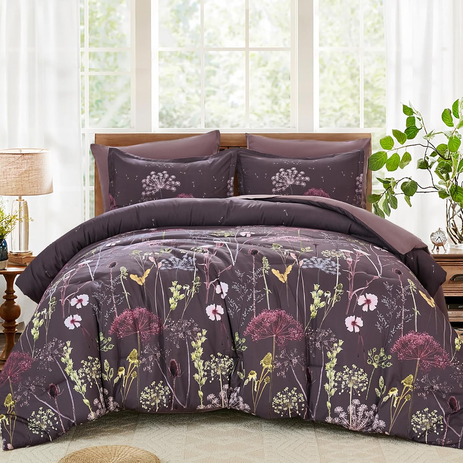 Yiran King Size Comforter Set, 7 Piece Comforter Floral Black Green Bedding Set, Soft Bed in a Bag King, Comforter, Sheets, Pillowcases & Shams
