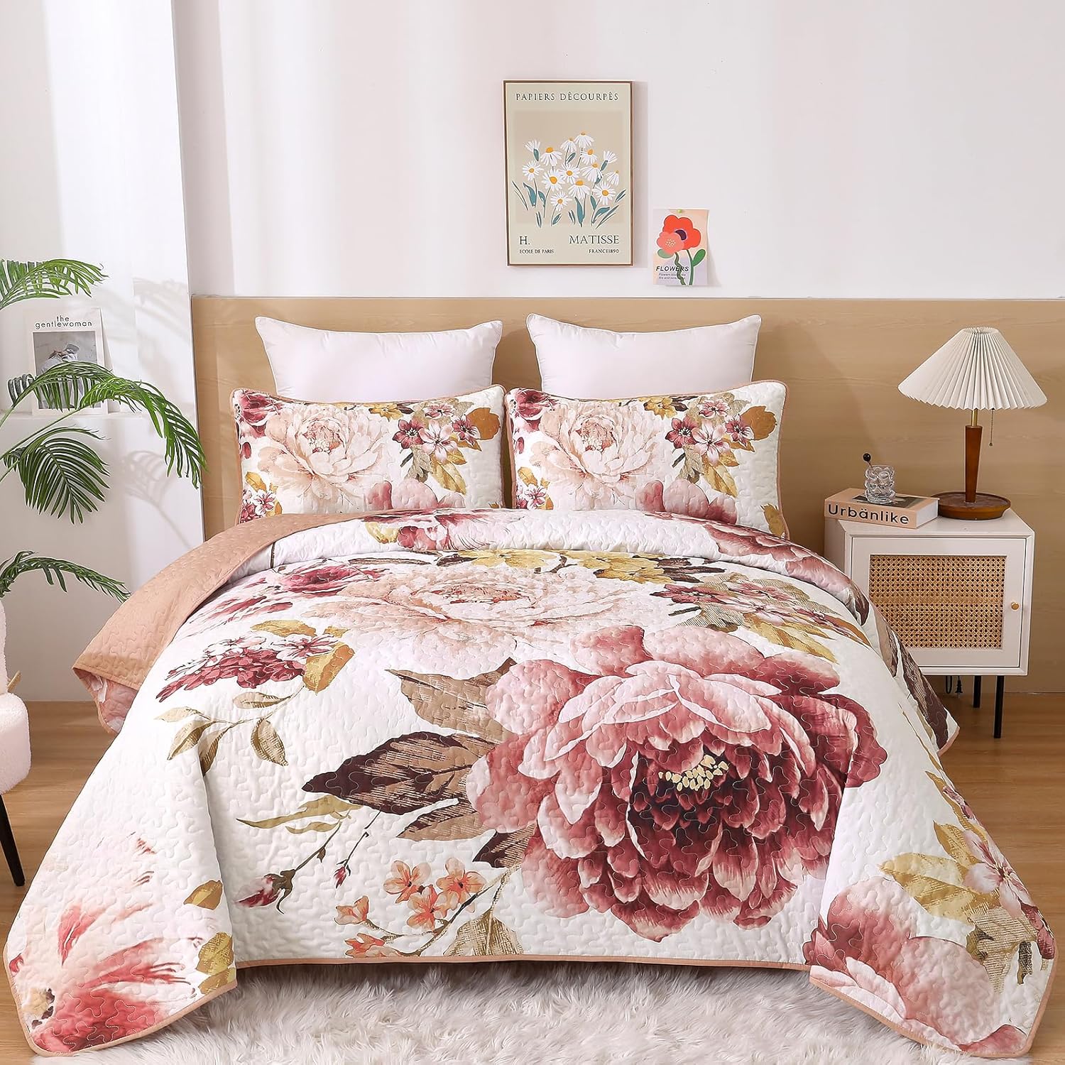 WONGS BEDDING Floral Quilt Set Blue Queen Size 3 Pieces Elegant Botanical Print Bedding Set for All Season, Lightweight Reversible Bedspreads Coverlet Set with 2 Pillow Shams