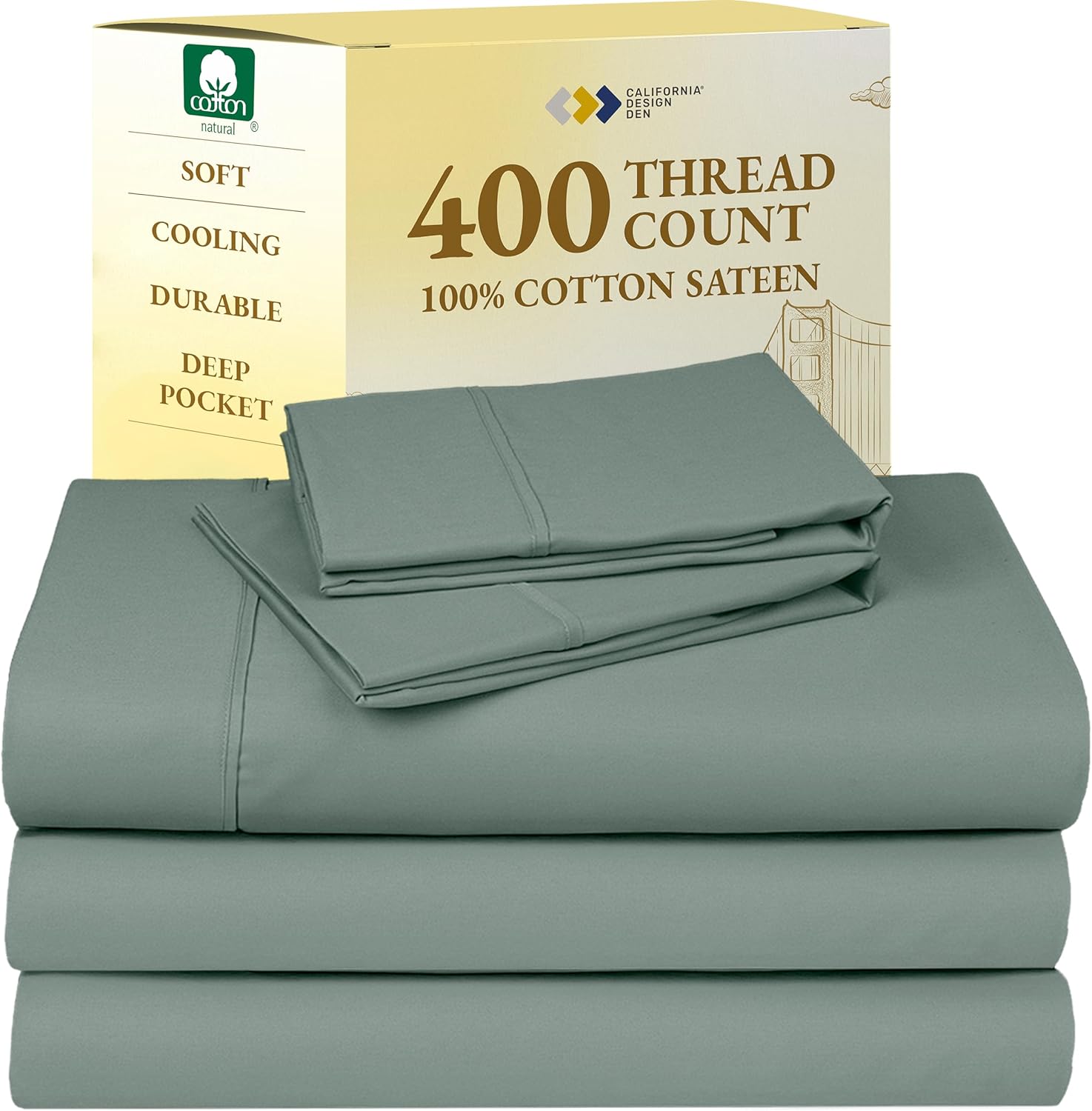 California Design Den King Size Sheets Set - Soft 400 Thread Count Sateen, Natural 100% Cotton Sheets King Size, Deep Pockets with All Around Elastic for a Snug Fit, Cool & Durable Bedding - White