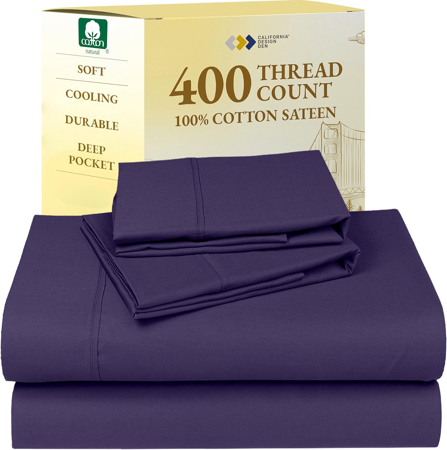 California Design Den King Size Sheets Set - Soft 400 Thread Count Sateen, Natural 100% Cotton Sheets King Size, Deep Pockets with All Around Elastic for a Snug Fit, Cool & Durable Bedding - White