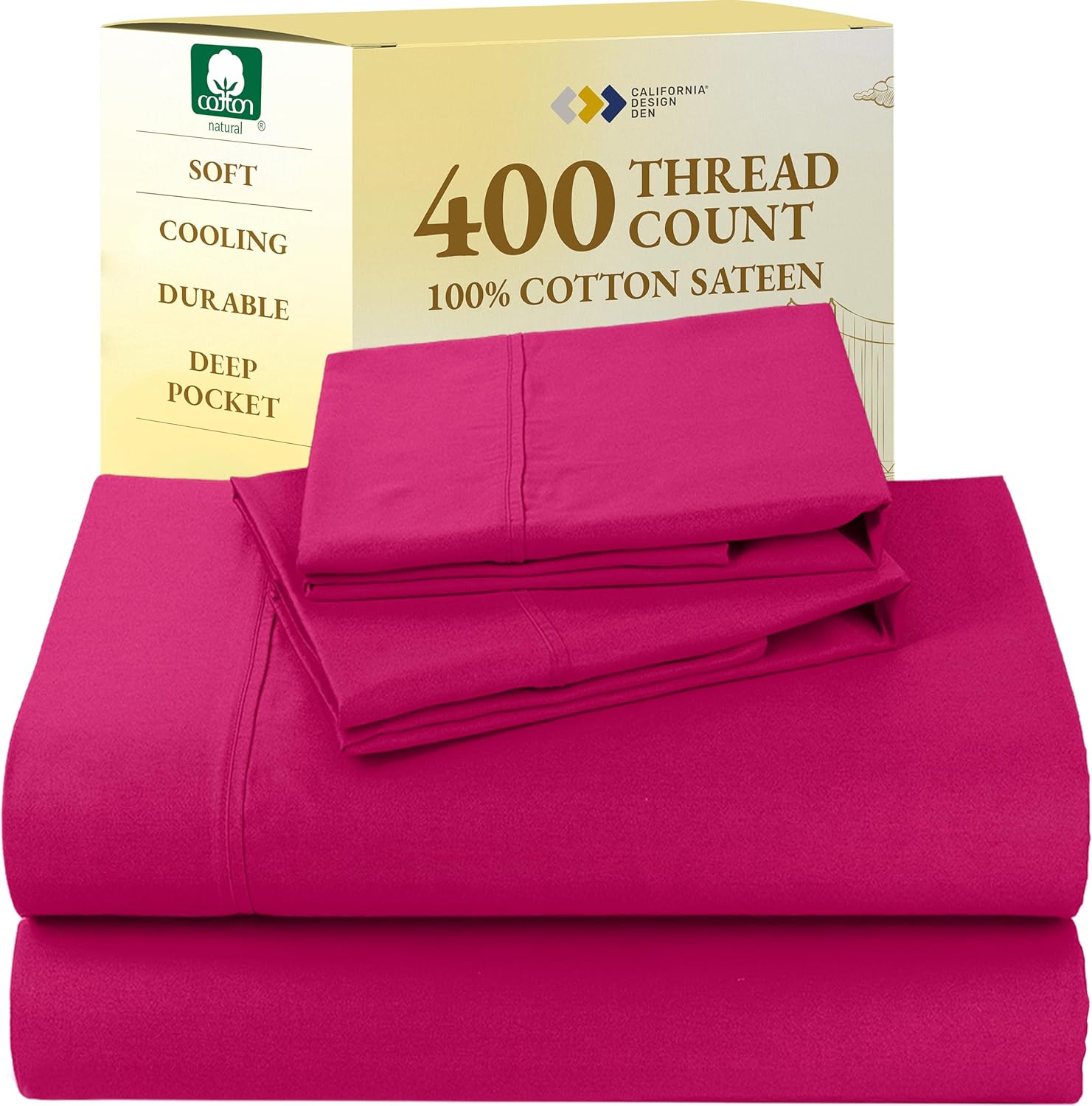 California Design Den King Size Sheets Set - Soft 400 Thread Count Sateen, Natural 100% Cotton Sheets King Size, Deep Pockets with All Around Elastic for a Snug Fit, Cool & Durable Bedding - White