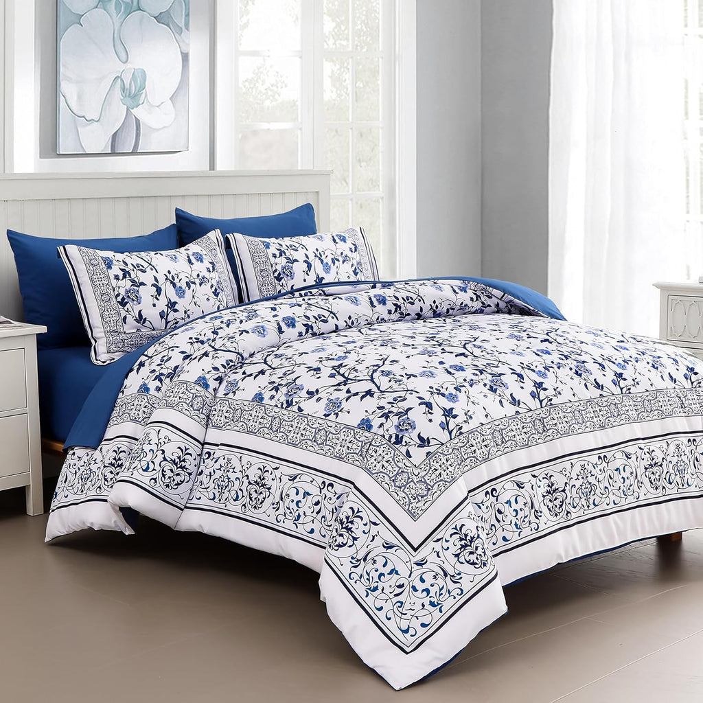 Dobuyly Floral Queen Comforter Set, 7 Piece Bed in a Bag Queen Size Blue Flowers on White Botanical Bedding Set, Soft Microfiber Bedding Comforter Sets with Sheets for All Season