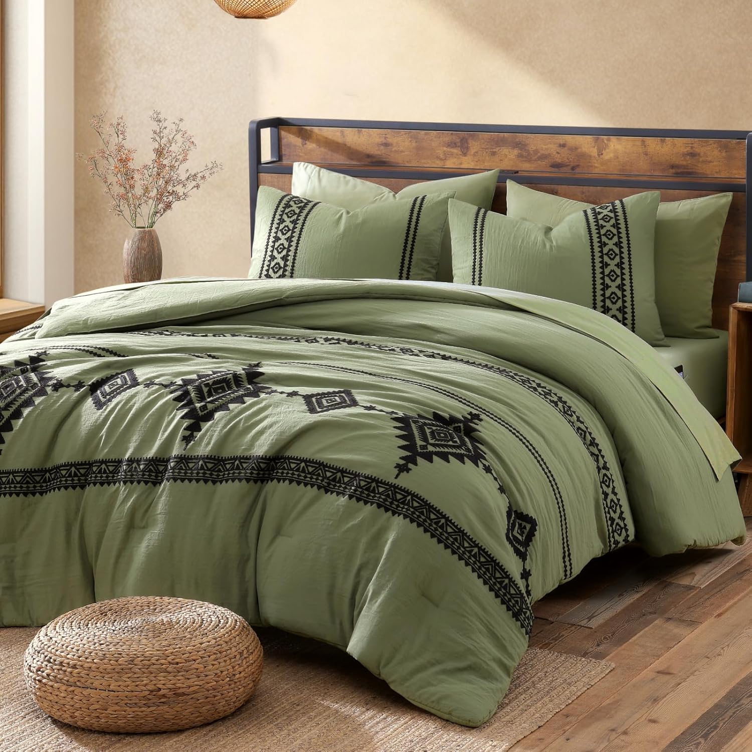 MaiRêve Burnt Orange Embroidery Comforters Set Queen Size - 7 Pieces, Farmhouse Western Bedding All Season, Bed in A Bag Queen Boho Comforter Set with Sheets, Pillowcases & Shams
