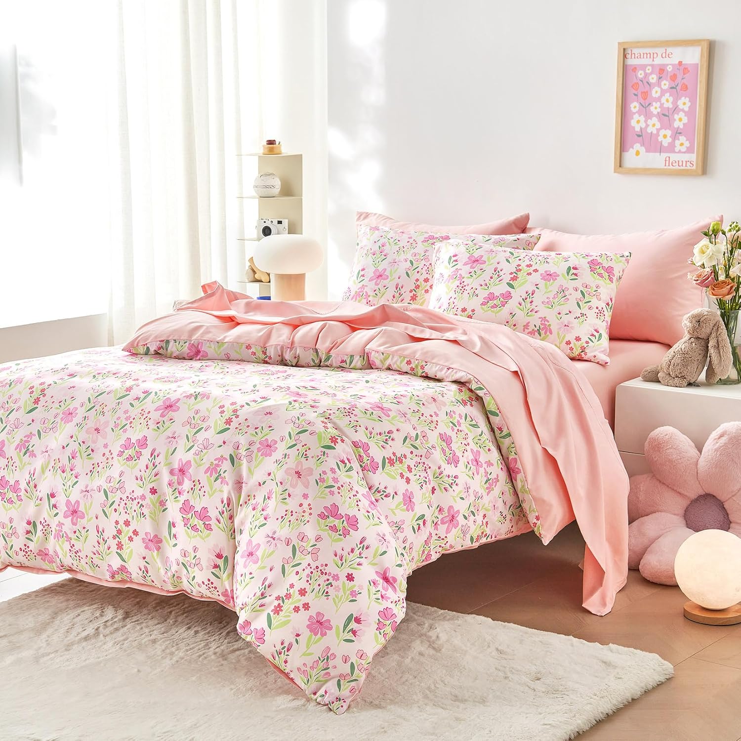 Wake In Cloud - Floral Bedding Set for Girls, Cute Colorful Botanical Flowers Patterned Soft Lightweight Comforter Set with Sheets, 5 Pieces Kids Bed in a Bag, Light Pink, Twin Size