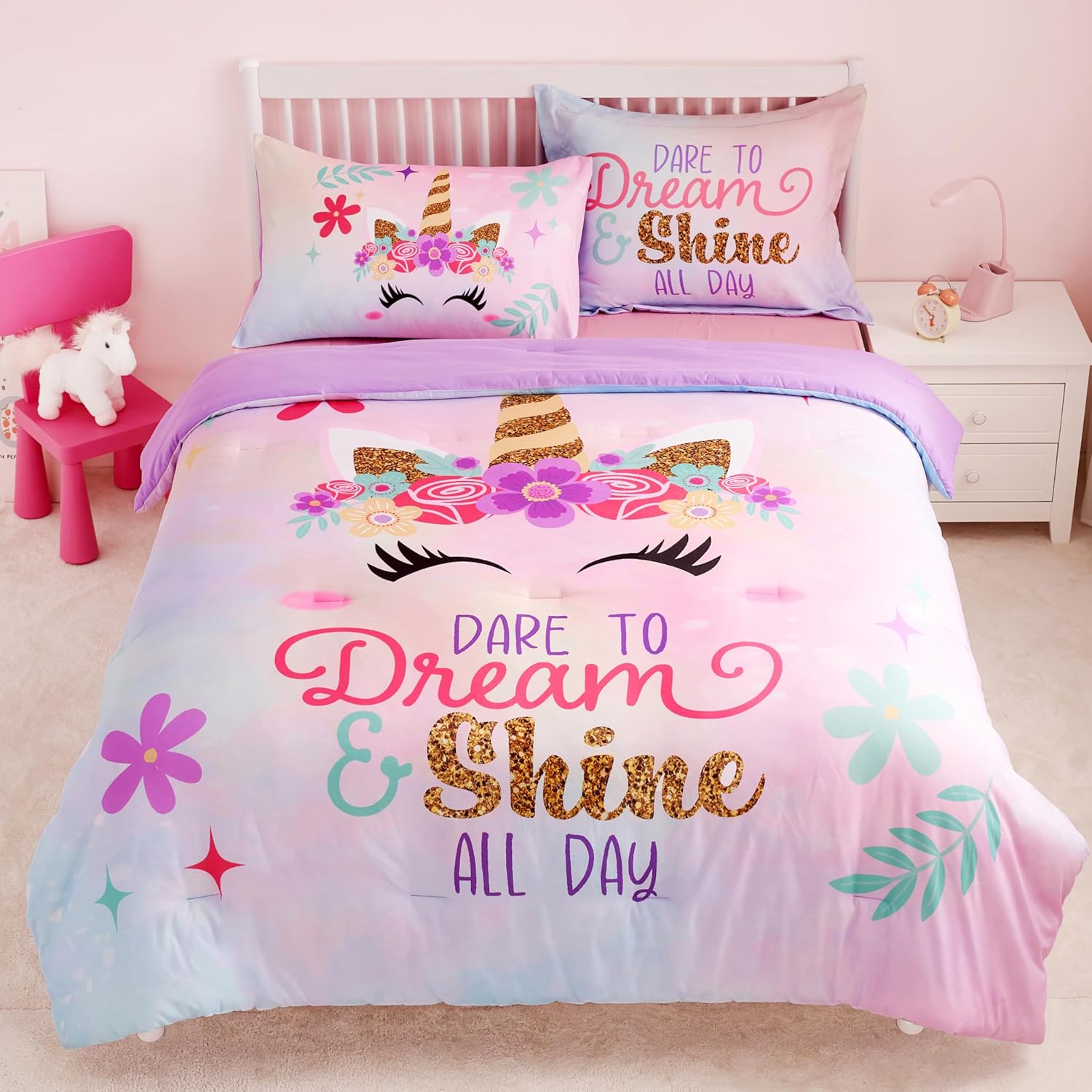 Joiedomi Kid Twin Comforter Set 5 Piece Unicorn Bedding Set for Boys Girls Super Soft Microfiber Bed in a Bag with Comforter Sheets Pillowcase Sham