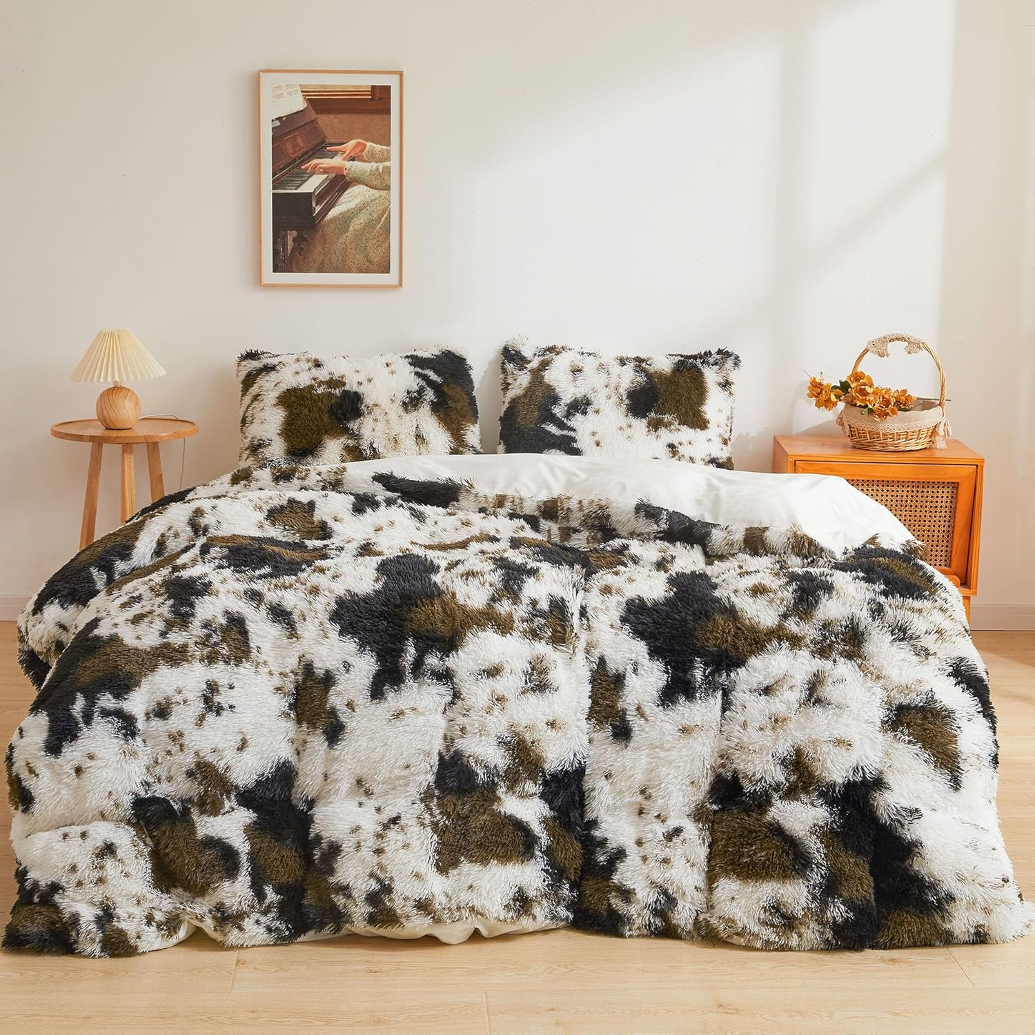 XeGe Cheetah Print Fluffy Faux Fur Duvet Cover Set, 3 Pieces Soft Plush Shaggy Fuzzy Bedding Set(1 Faux Fur Leopard Print Comforter Cover + 2 Furry Pillowcases), Zipper Closure(Queen, Brown)