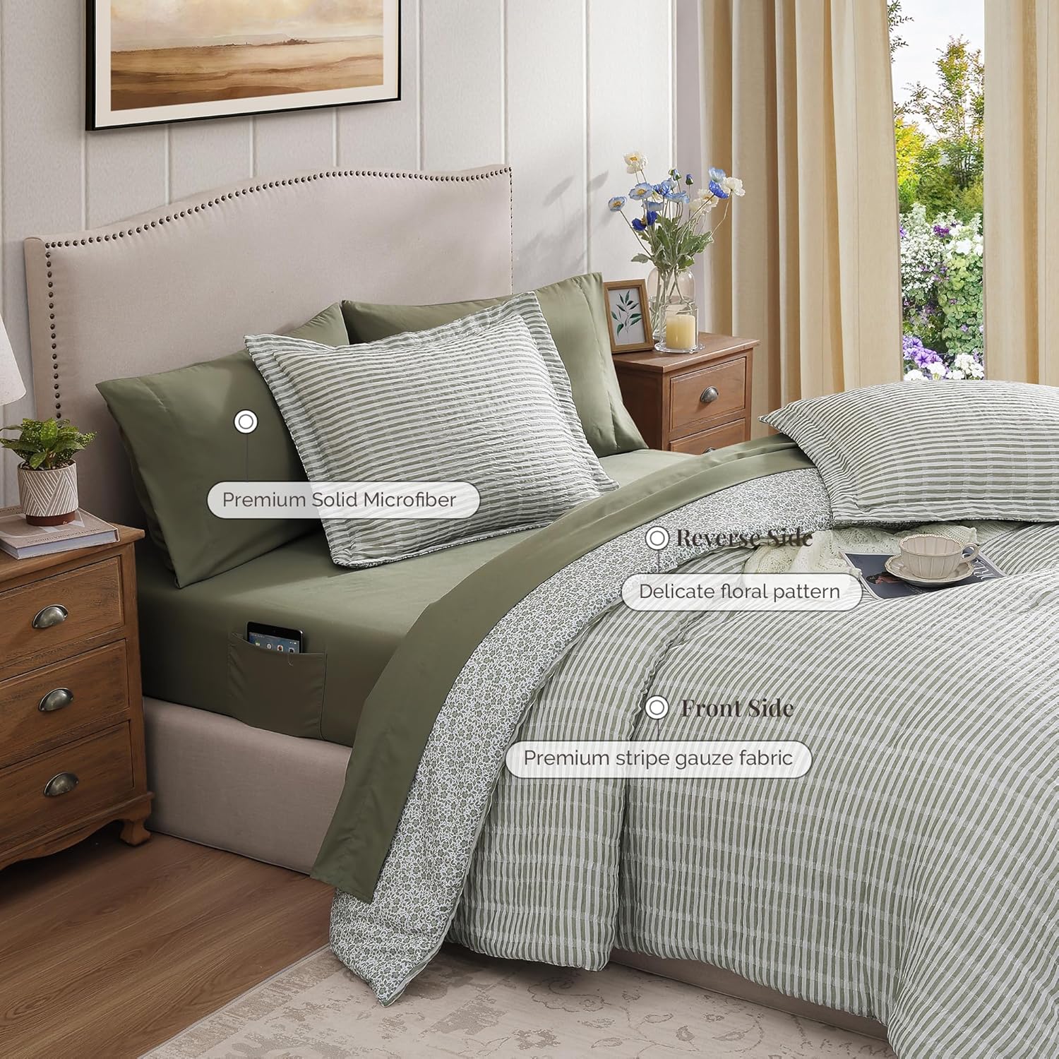 Queen Comforter Set - 7 Pieces Green Gauze Muslin Bedding Sets for All Seasons, Lightweight Breathable Bed in a Bag Queen with Revesible Farmhouse Comforter, Sheets, Pillowcases & Shams