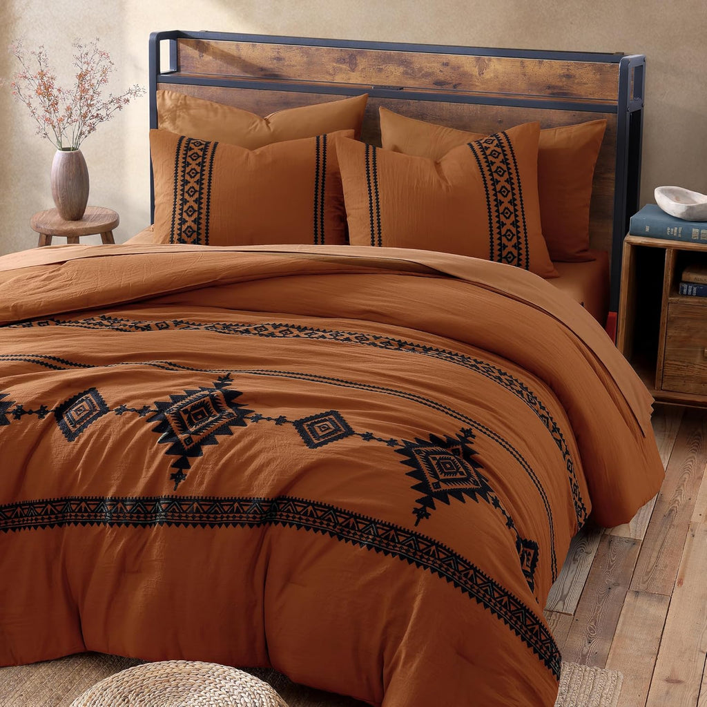 MaiRêve Burnt Orange Embroidery Comforters Set Queen Size - 7 Pieces, Farmhouse Western Bedding All Season, Bed in A Bag Queen Boho Comforter Set with Sheets, Pillowcases & Shams