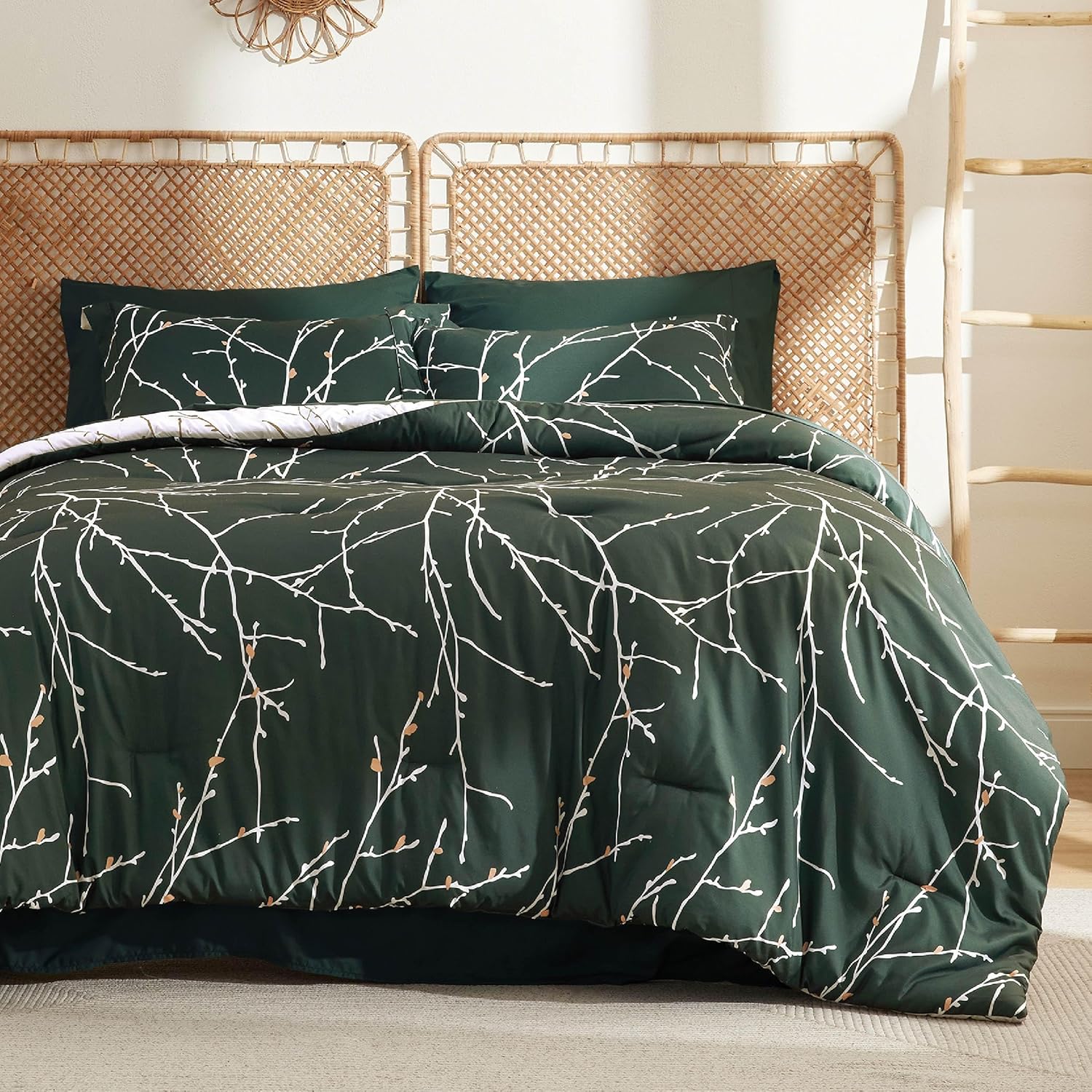 Bedsure Queen Comforter Set - 7 Pieces Floral Sage Green Soft Bedding Sets, Queen Bed in a Bag with Botanical Flowers Comforter, Sheets, Pillowcases & Shams
