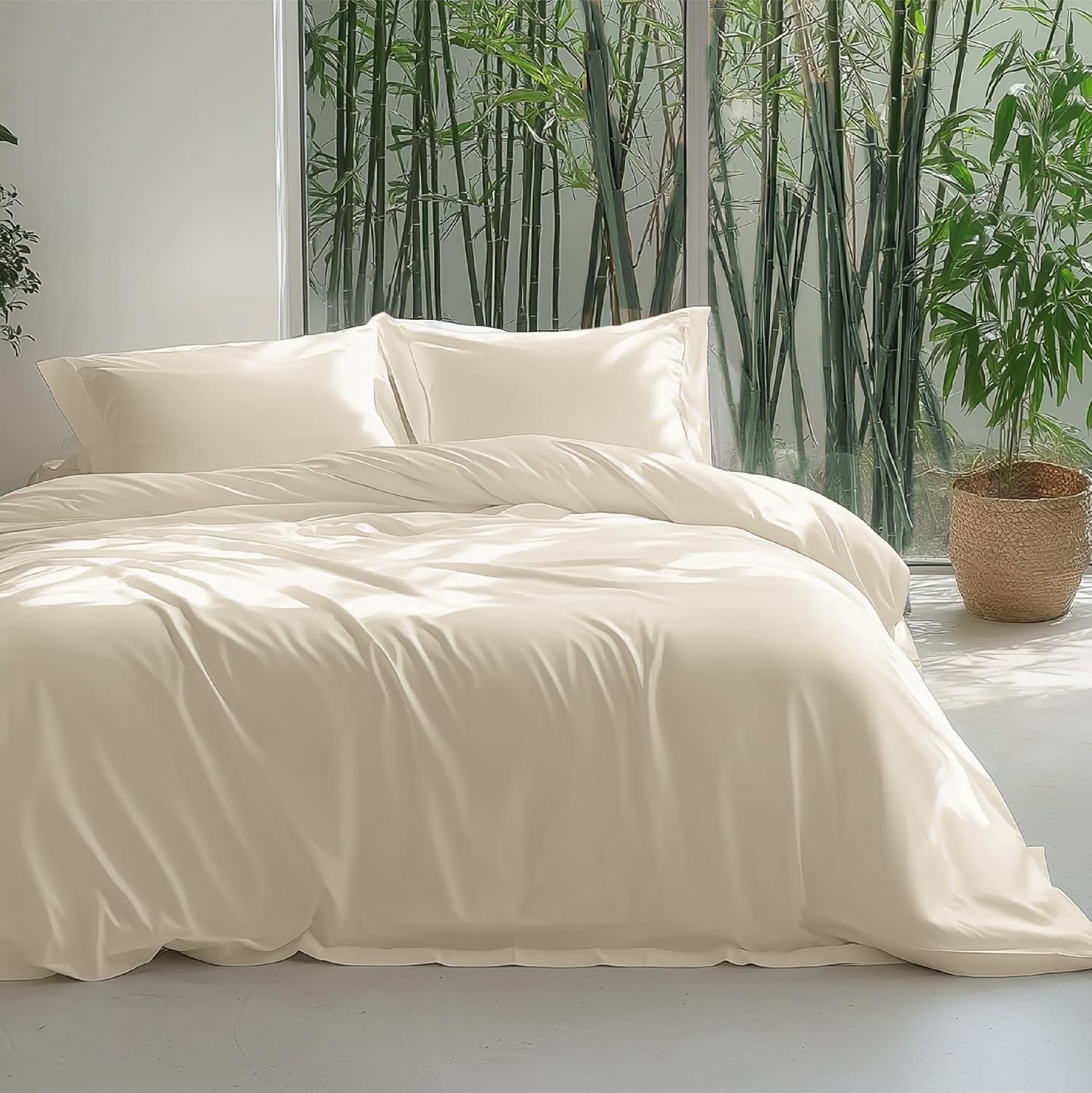 Bedsure Silky Cooling Duvet Cover Queen Size - 100% Rayon Derived from Bamboo Comforter Cover Set for Hot Sleepers, Breathable & Moisture-Wicking Bedding Set, White