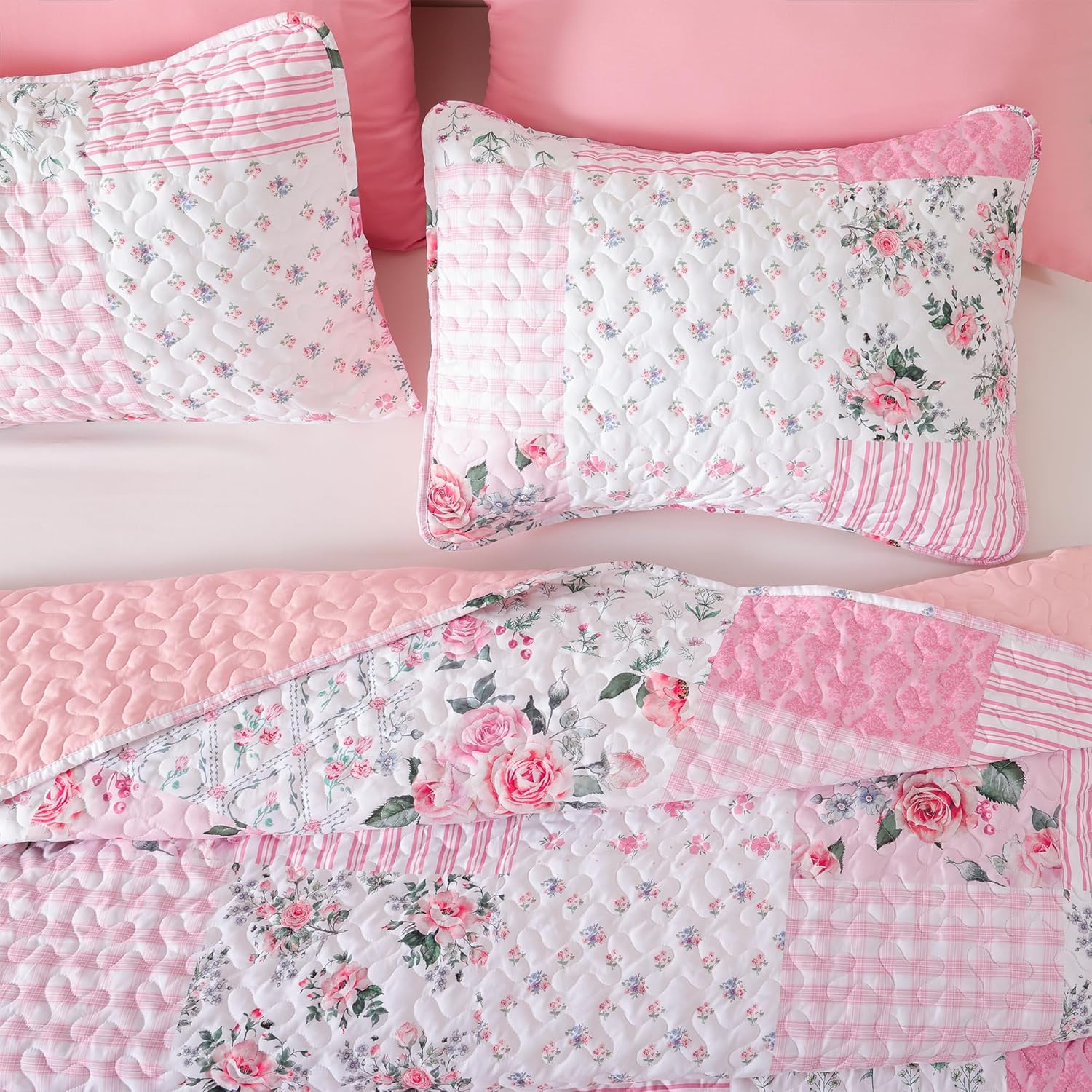YIKUSH Quilt Sets Queen Size Floral Quilt Set 3 Pieces Bedding Set Bedspreads Pink Comforter Blanket with 2 Pillow Cases- Ultra Soft Floral Coverlet with Printed Pattern 90in.x 90in