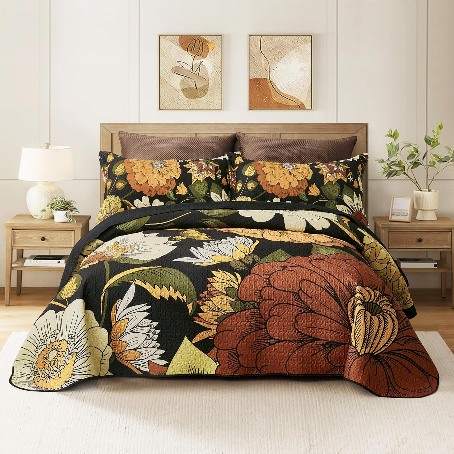 3 Piece Black Boho Floral Full/Queen Quilt Sets Reversible Farmhouse Botanical Lightweight Bedspread Coverlet with 2 Shams Mid Century Microfiber Fall Bedding Quilts Set for All Season,90''x96''