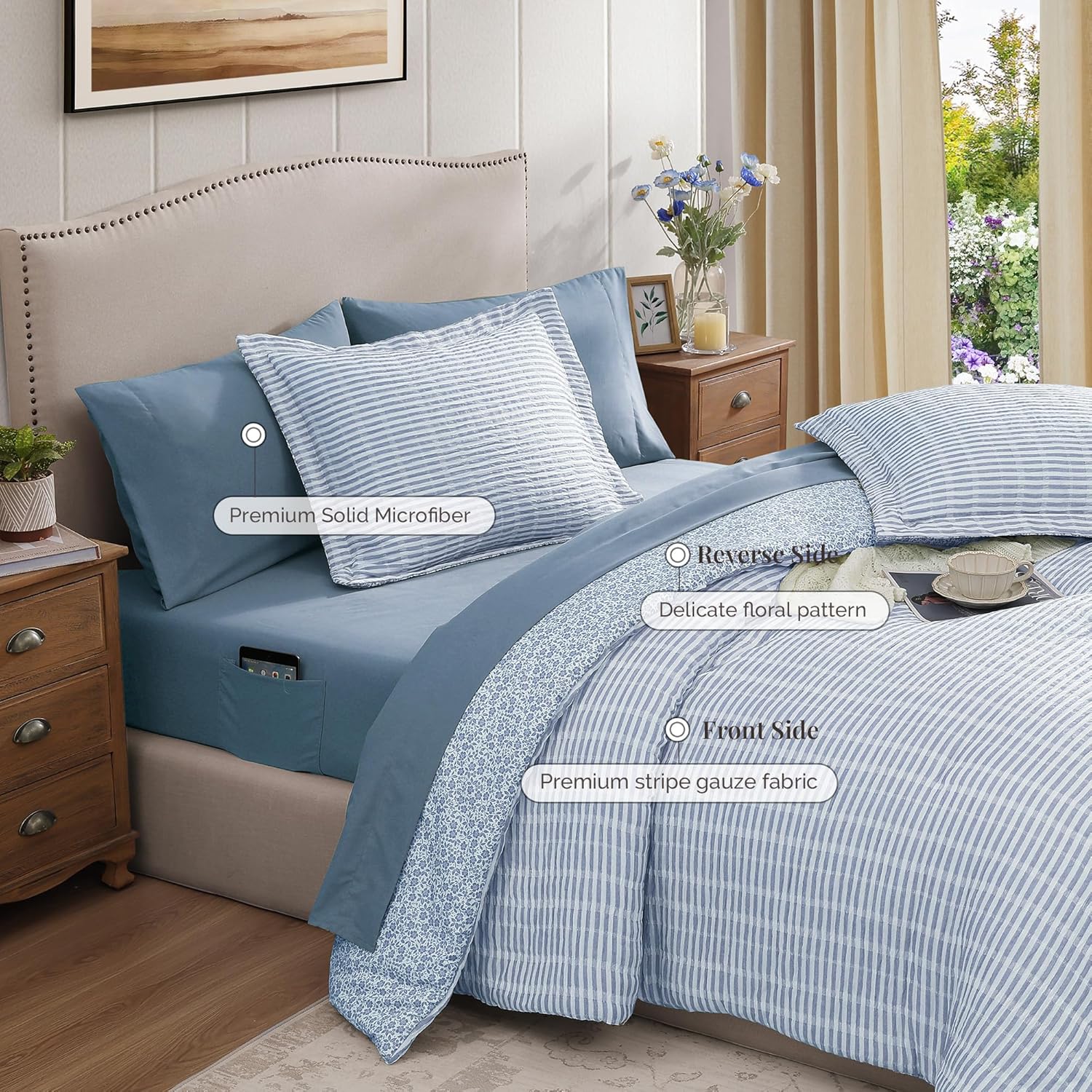 Queen Comforter Set - 7 Pieces Blue Gauze Muslin Bedding Sets for All Seasons, Lightweight Breathable Bed in a Bag Queen with Revesible Farmhouse Comforter, Sheets, Pillowcases & Shams