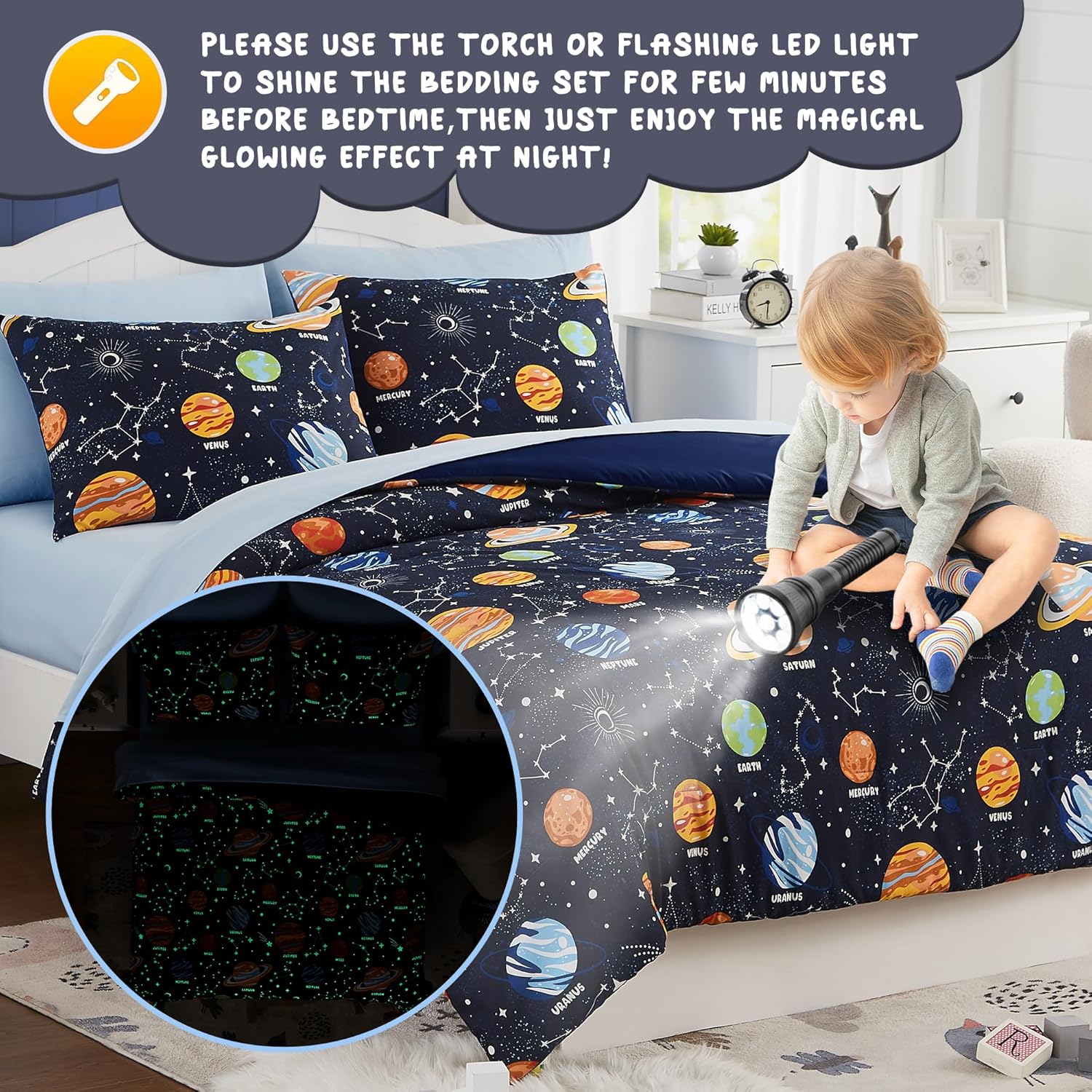 Twin Kids Comforter Set - 5 Pieces Twin Bedding Sets for Boys, Glow in The Dark Space Bed in A Bag with Sheets