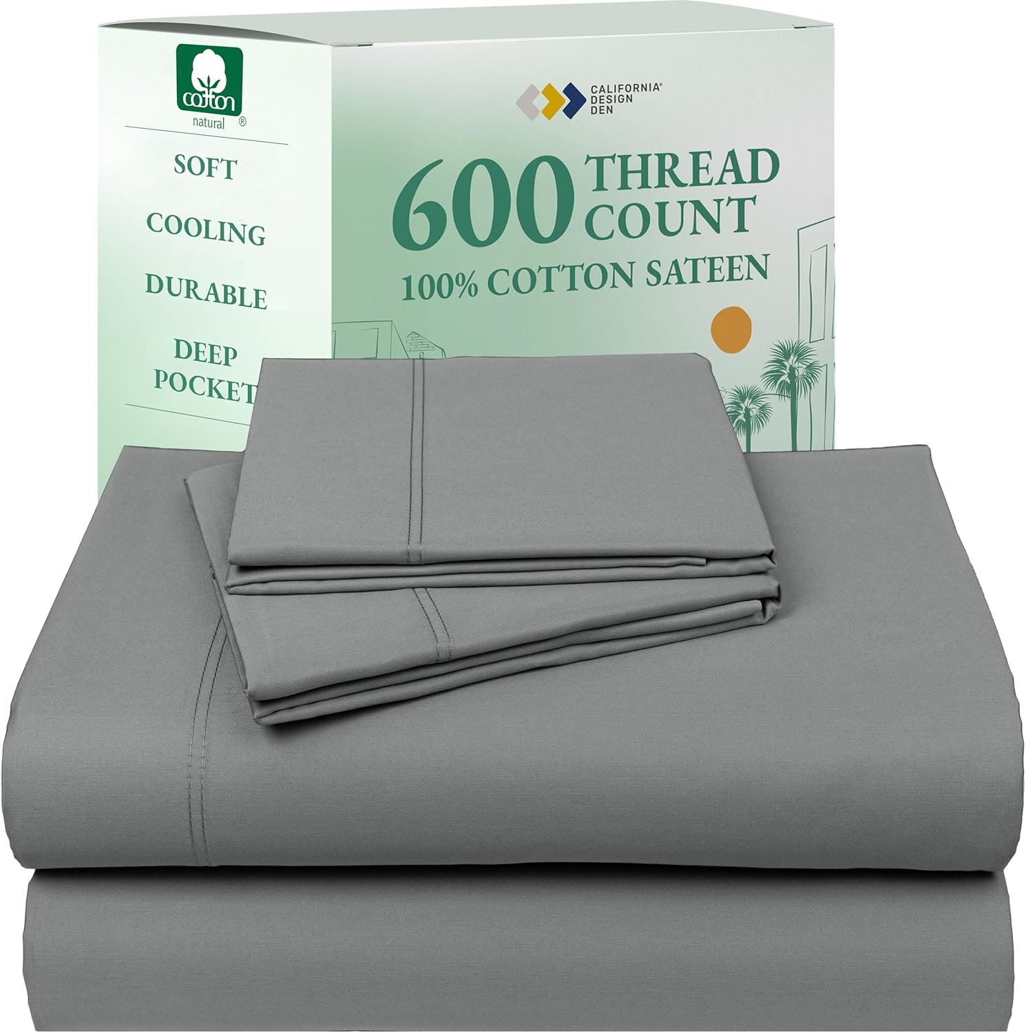 California Design Den Queen Sheet Set - Luxury 600 Thread Count Sateen, 100% Cotton Deep Pocket Queen Sheets with All Around Elastic, Snug Fit, Hotel Quality Bedding Set - White