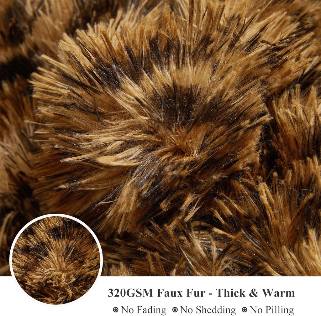 XeGe Cheetah Print Fluffy Faux Fur Duvet Cover Set, 3 Pieces Soft Plush Shaggy Fuzzy Bedding Set(1 Faux Fur Leopard Print Comforter Cover + 2 Furry Pillowcases), Zipper Closure(Queen, Brown)