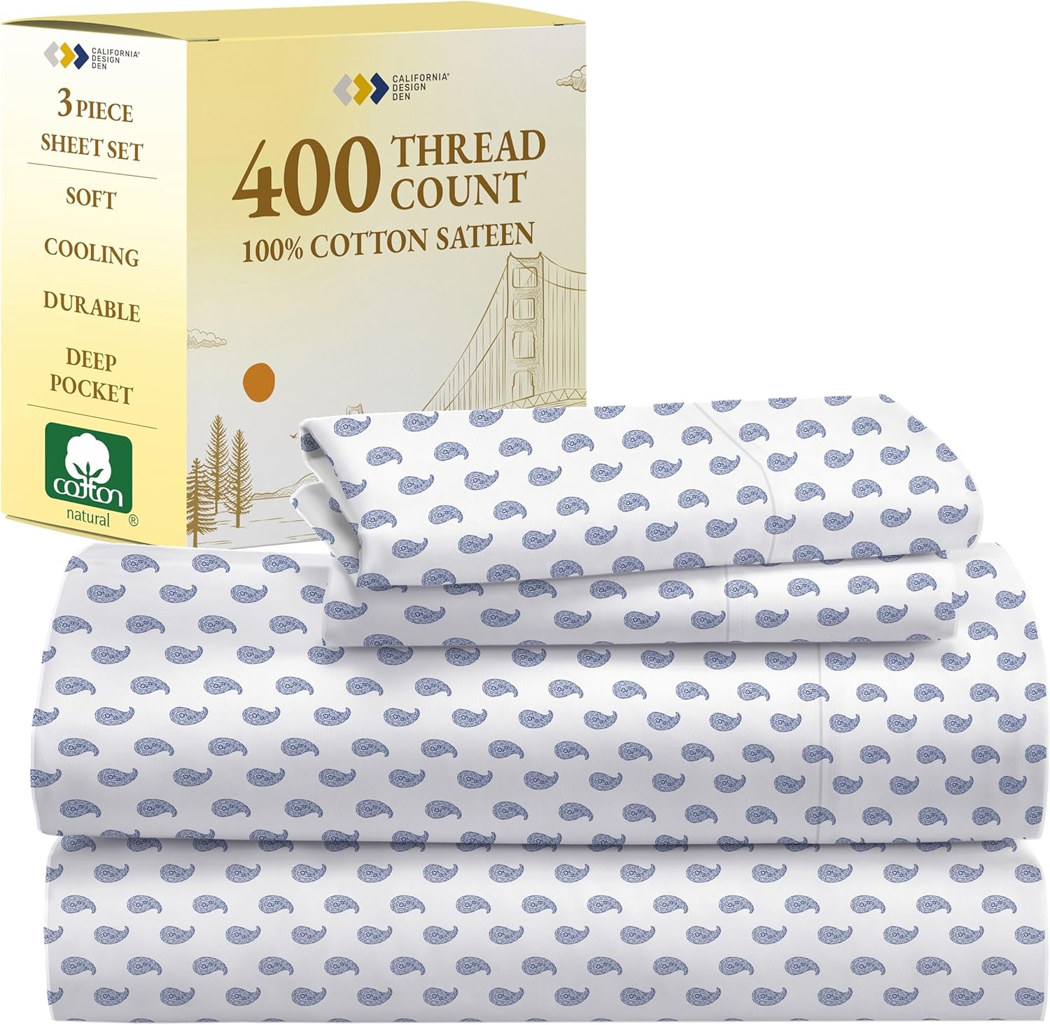 California Design Den King Size Sheets Set - Soft 400 Thread Count Sateen, Natural 100% Cotton Sheets King Size, Deep Pockets with All Around Elastic for a Snug Fit, Cool & Durable Bedding - White