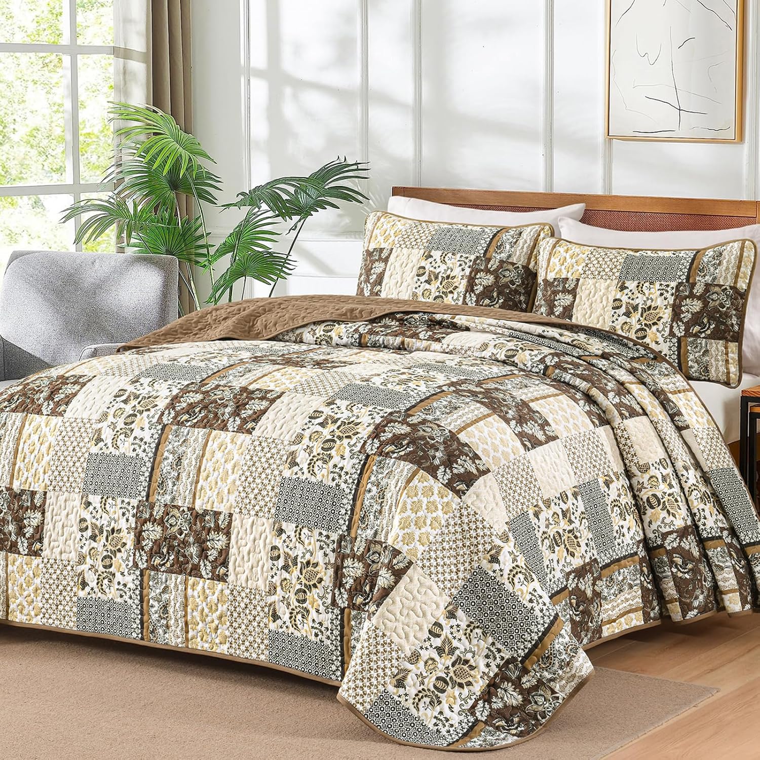 WONGS BEDDING Green Quilt Set King Size，Green Patchwork Plaid Printed Bedspread Coverlet Set，3 Pieces Summer Soft Microfiber Boho Bedding Set with 1 Quilt 2 Pillowcases