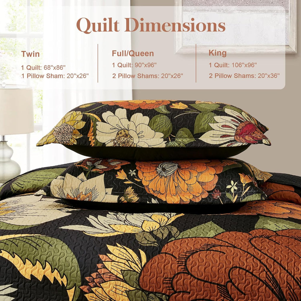 3 Piece Black Boho Floral Full/Queen Quilt Sets Reversible Farmhouse Botanical Lightweight Bedspread Coverlet with 2 Shams Mid Century Microfiber Fall Bedding Quilts Set for All Season,90''x96''