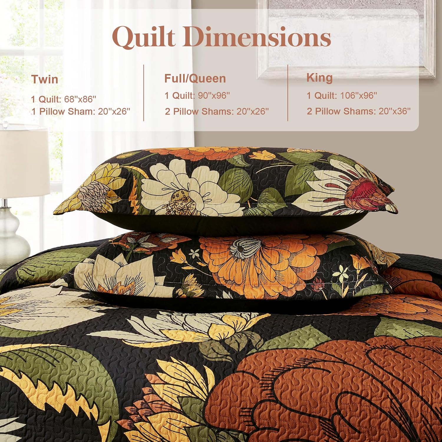 3 Piece Black Boho Floral Full/Queen Quilt Sets Reversible Farmhouse Botanical Lightweight Bedspread Coverlet with 2 Shams Mid Century Microfiber Fall Bedding Quilts Set for All Season,90''x96''