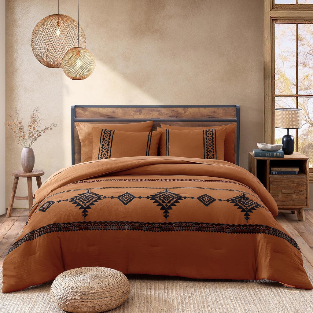 MaiRêve Burnt Orange Embroidery Comforters Set Queen Size - 7 Pieces, Farmhouse Western Bedding All Season, Bed in A Bag Queen Boho Comforter Set with Sheets, Pillowcases & Shams