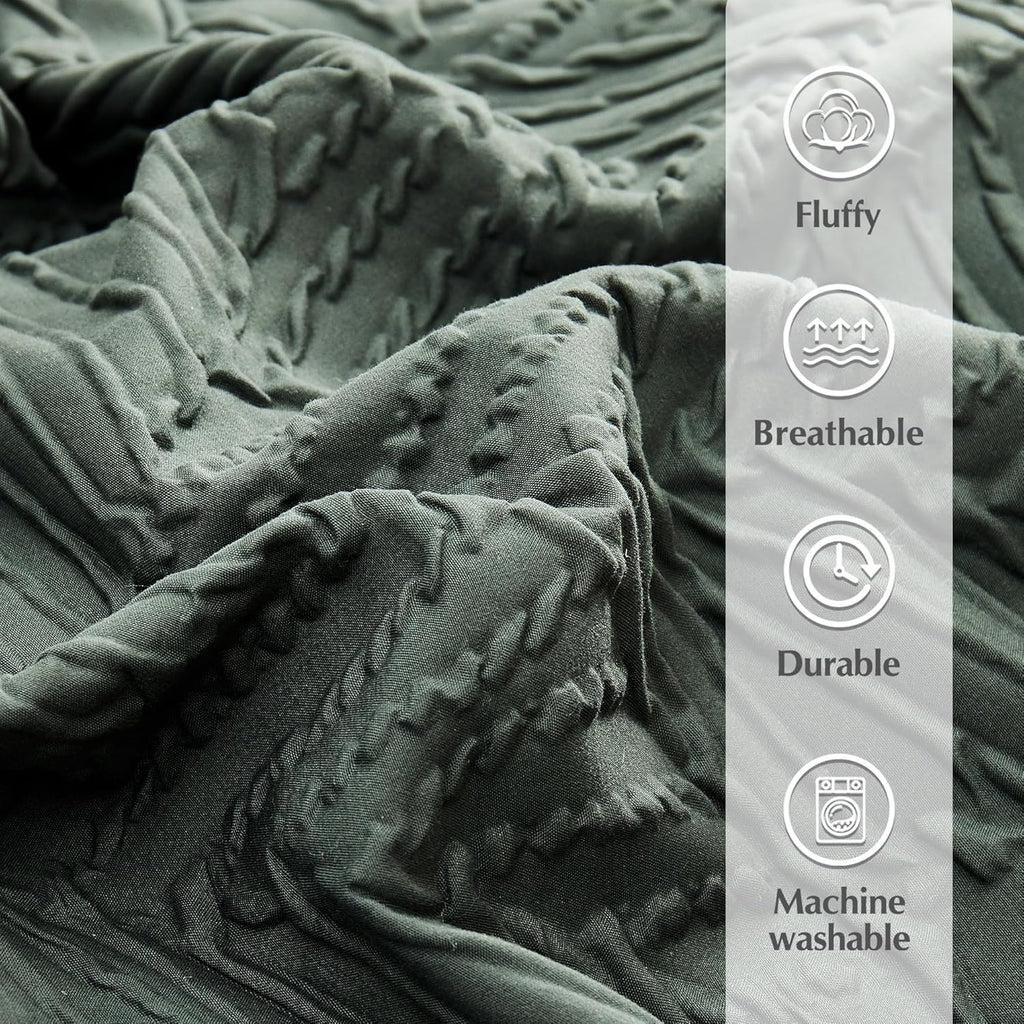 Geniospin Queen Comforter Set - 7 Pieces Dark Green Bedding Set, Botanical Textured Comforter Bed Set, All Season Lightweight Bed in a Bag with Comforter, Sheets, Pillowcases & Shams