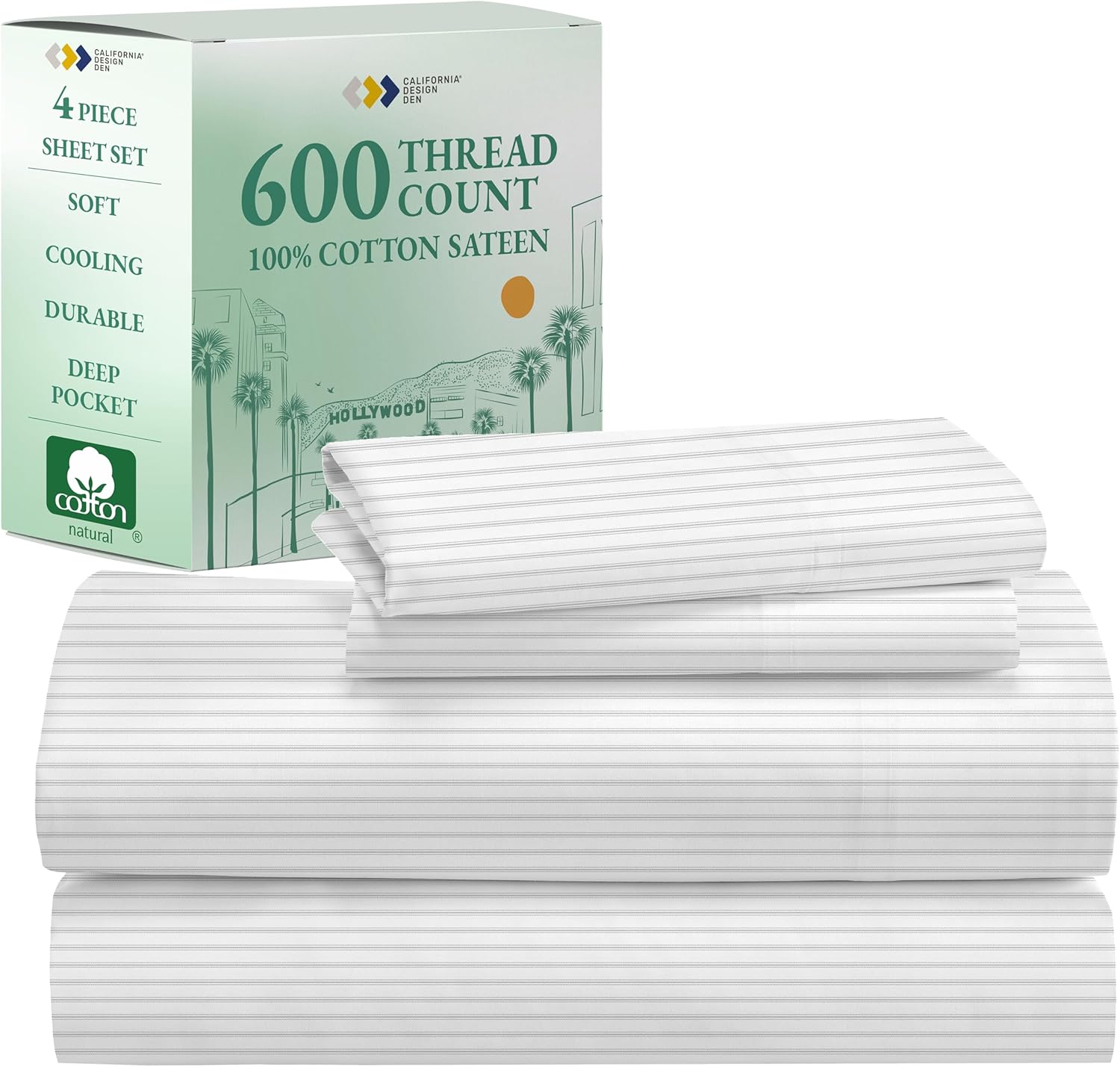 California Design Den Queen Sheet Set - Luxury 600 Thread Count Sateen, 100% Cotton Deep Pocket Queen Sheets with All Around Elastic, Snug Fit, Hotel Quality Bedding Set - White
