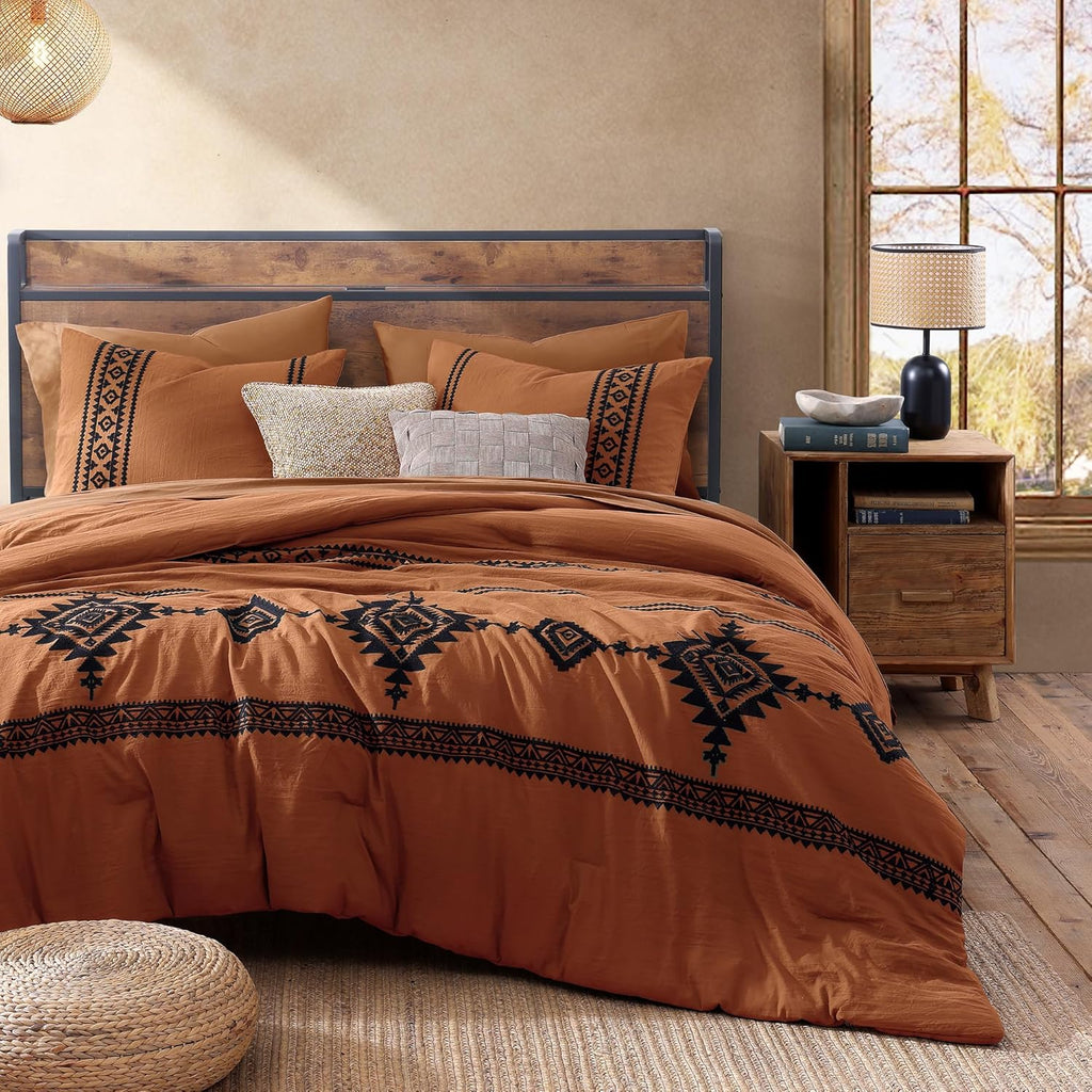 MaiRêve Burnt Orange Embroidery Comforters Set Queen Size - 7 Pieces, Farmhouse Western Bedding All Season, Bed in A Bag Queen Boho Comforter Set with Sheets, Pillowcases & Shams