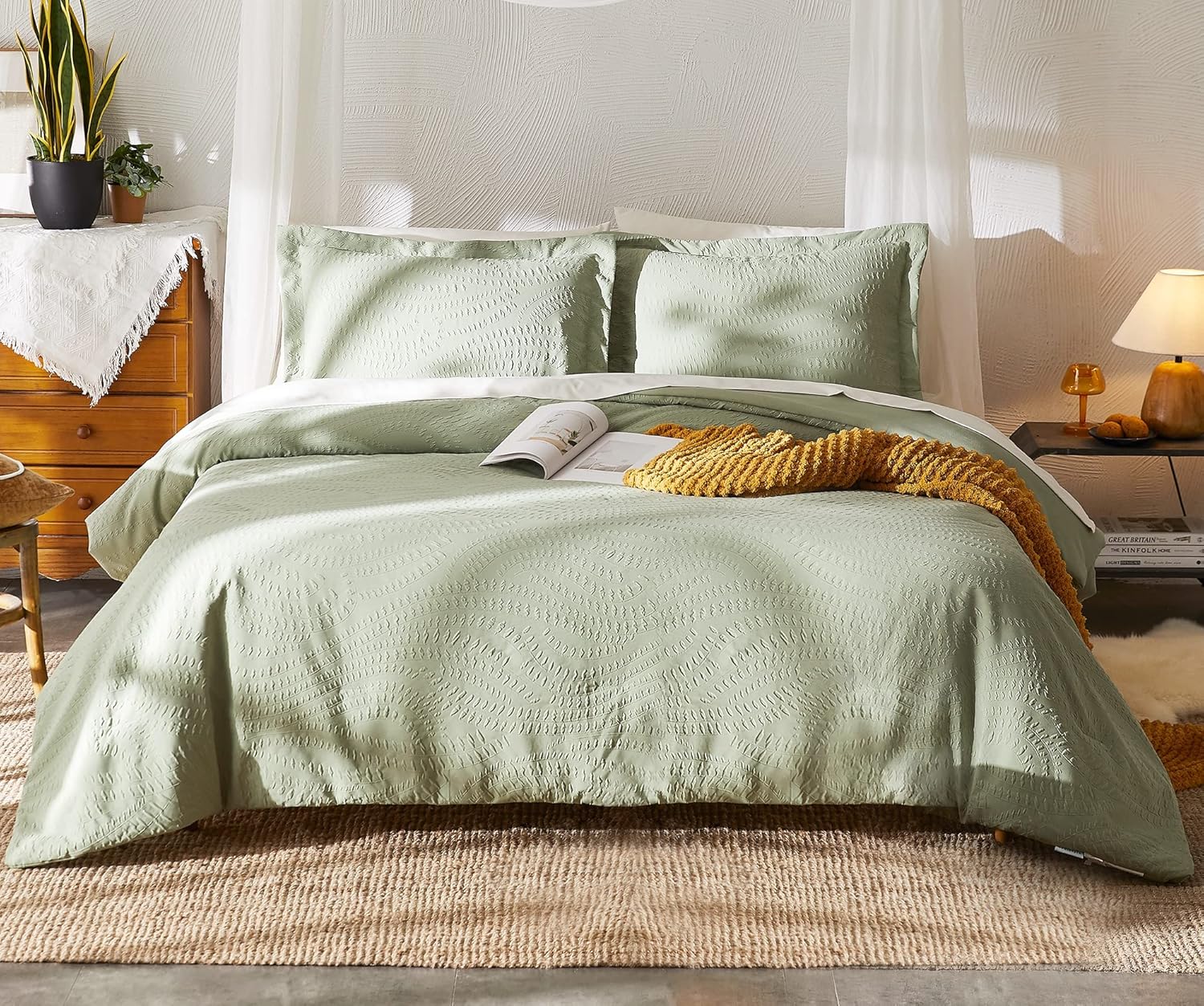 Geniospin Queen Comforter Set - 7 Pieces Dark Green Bedding Set, Botanical Textured Comforter Bed Set, All Season Lightweight Bed in a Bag with Comforter, Sheets, Pillowcases & Shams