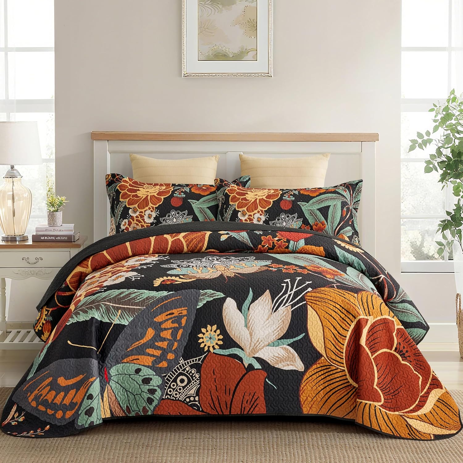 3 Piece Black Boho Floral Full/Queen Quilt Sets Reversible Farmhouse Botanical Lightweight Bedspread Coverlet with 2 Shams Mid Century Microfiber Fall Bedding Quilts Set for All Season,90''x96''