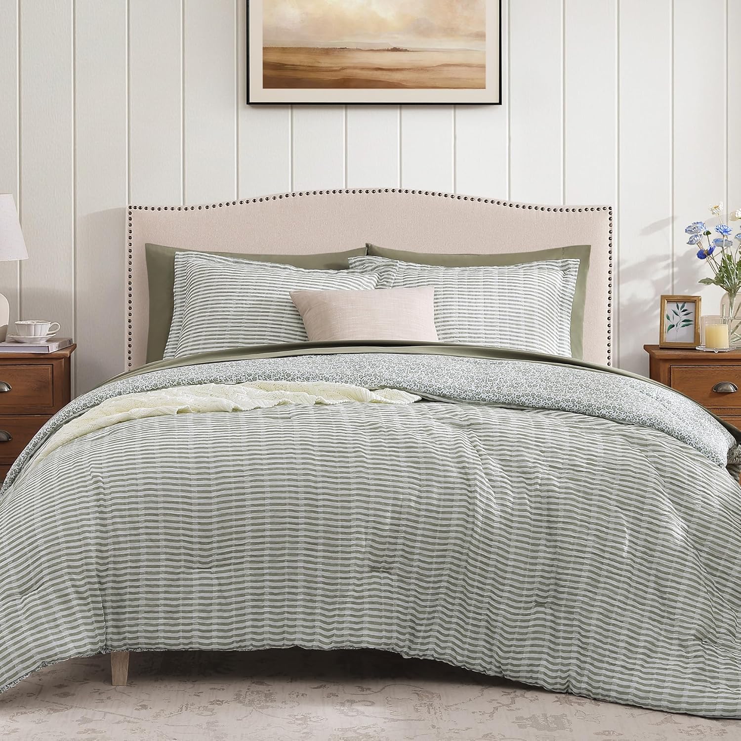 Queen Comforter Set - 7 Pieces Green Gauze Muslin Bedding Sets for All Seasons, Lightweight Breathable Bed in a Bag Queen with Revesible Farmhouse Comforter, Sheets, Pillowcases & Shams