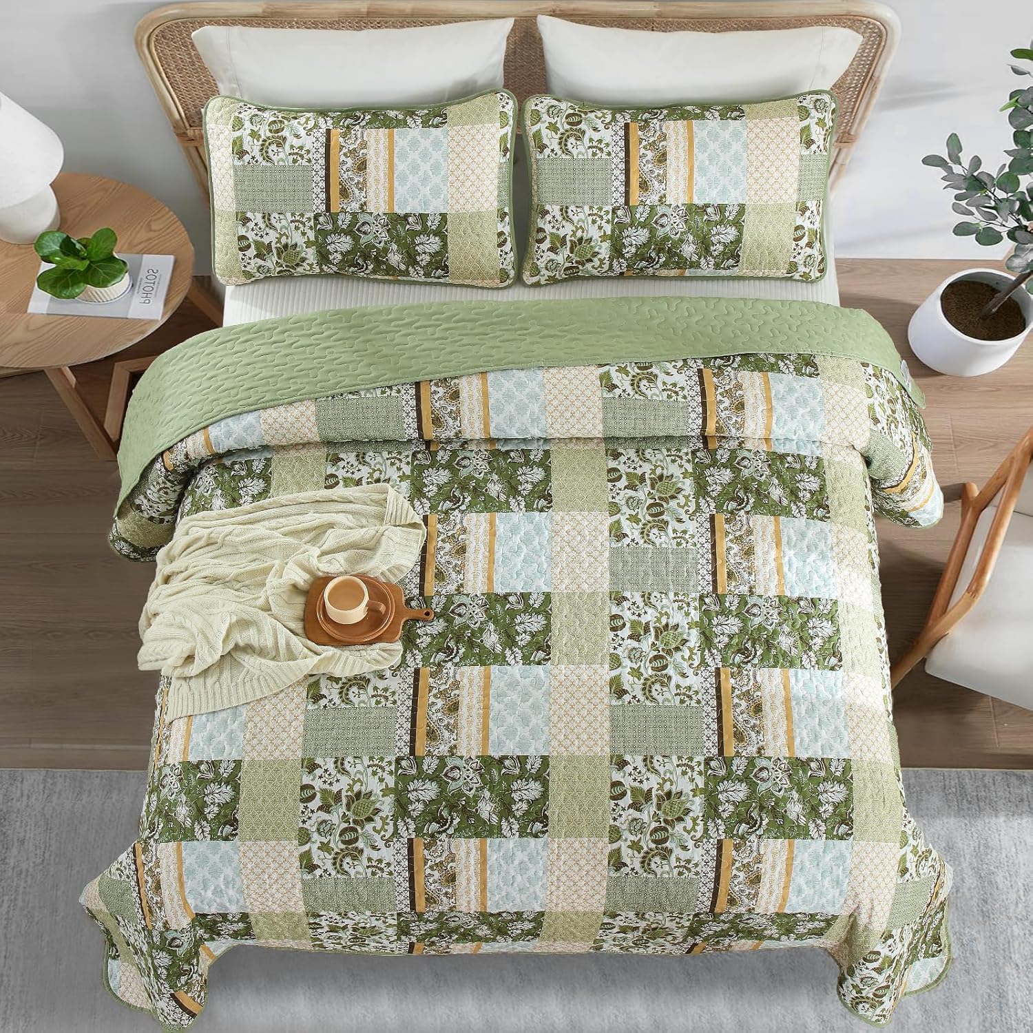 WONGS BEDDING Green Quilt Set King Size，Green Patchwork Plaid Printed Bedspread Coverlet Set，3 Pieces Summer Soft Microfiber Boho Bedding Set with 1 Quilt 2 Pillowcases