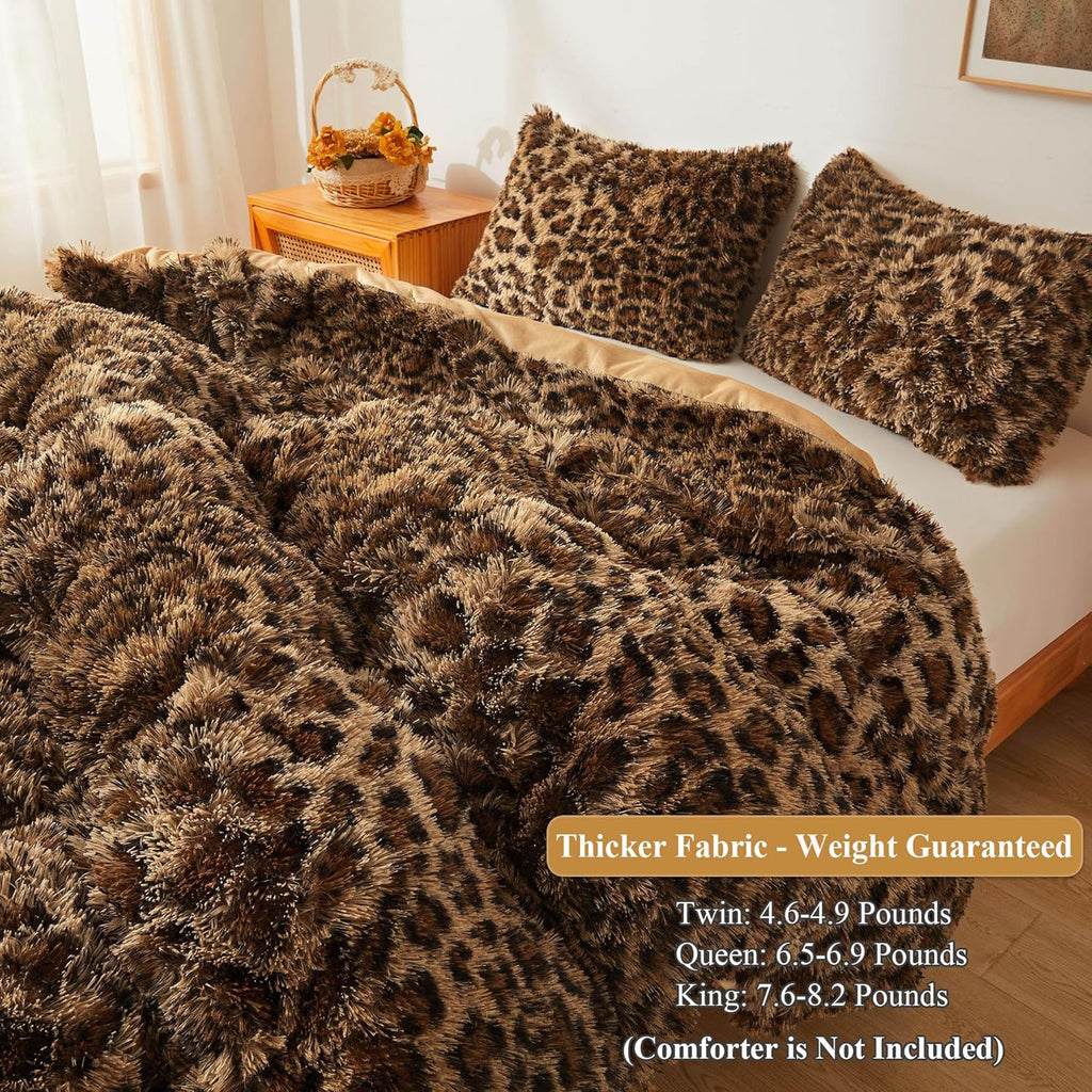 XeGe Cheetah Print Fluffy Faux Fur Duvet Cover Set, 3 Pieces Soft Plush Shaggy Fuzzy Bedding Set(1 Faux Fur Leopard Print Comforter Cover + 2 Furry Pillowcases), Zipper Closure(Queen, Brown)
