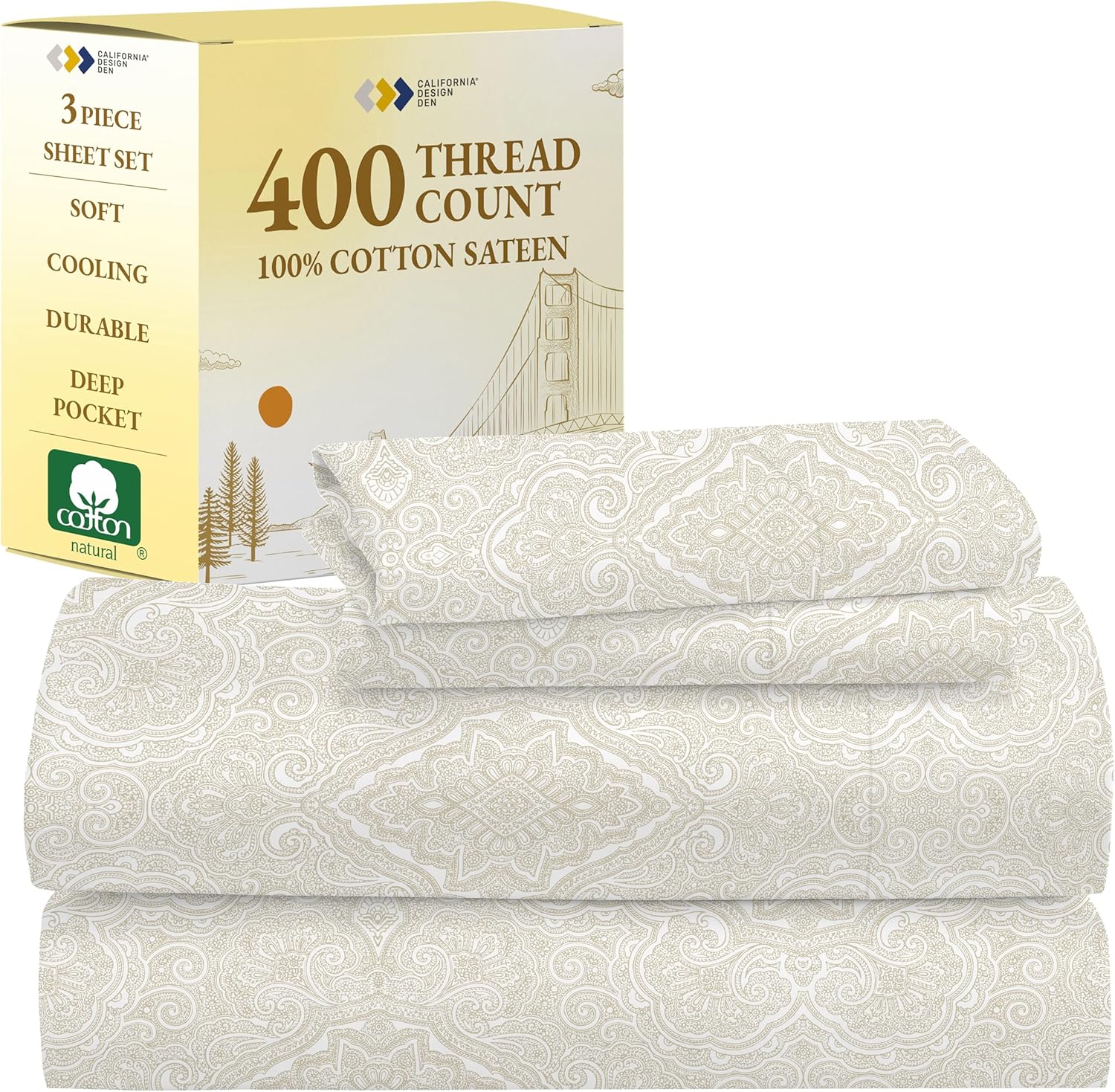California Design Den King Size Sheets Set - Soft 400 Thread Count Sateen, Natural 100% Cotton Sheets King Size, Deep Pockets with All Around Elastic for a Snug Fit, Cool & Durable Bedding - White